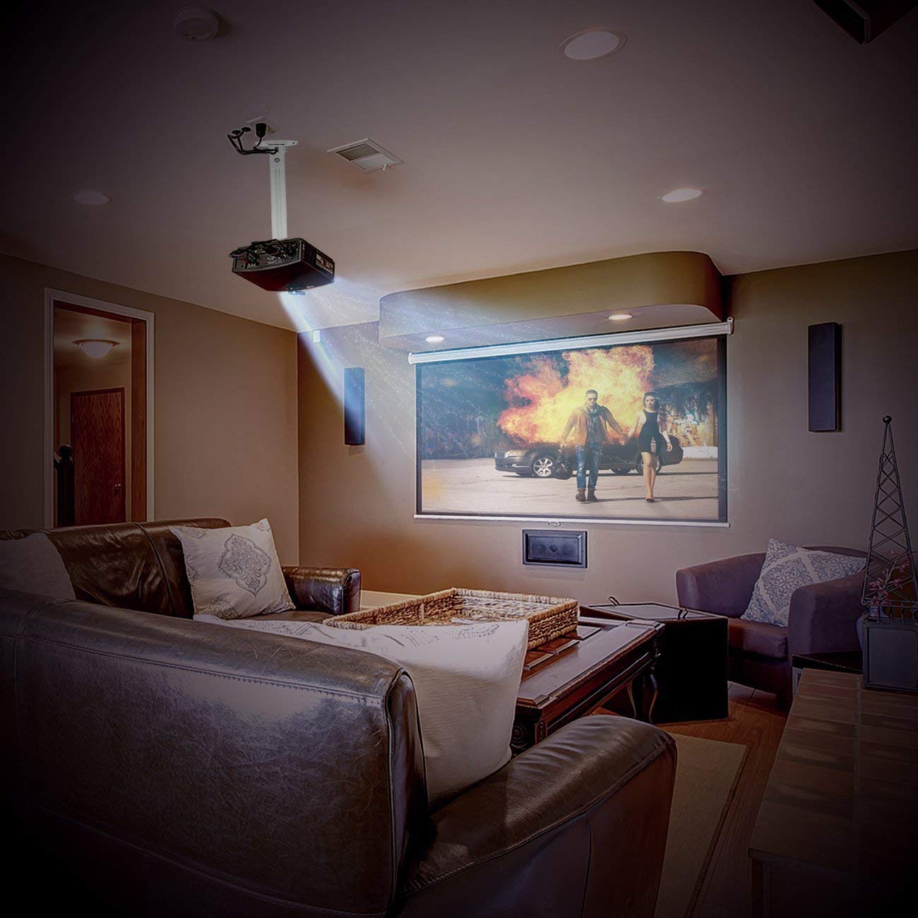 deleyCON Support de Plafond Universel pour Projecteur +- 15° d'Inclinaison - Rotation à 360° - Jusqu'à 13,5Kg - Hauteur Réglable de 545mm à 900mm - Blanc