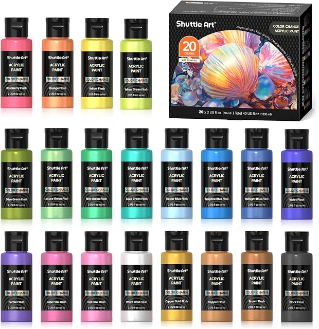 Shuttle Art Color Change Acrylic Paint, 20 Chameleon Colors Acrylic Paint, 60ml/2oz Bottles, Iridescent Paint for Artists, Beginners, Kids Painting & Crafting on Canvas, Rocks, Wood, Fabric, Ceramic