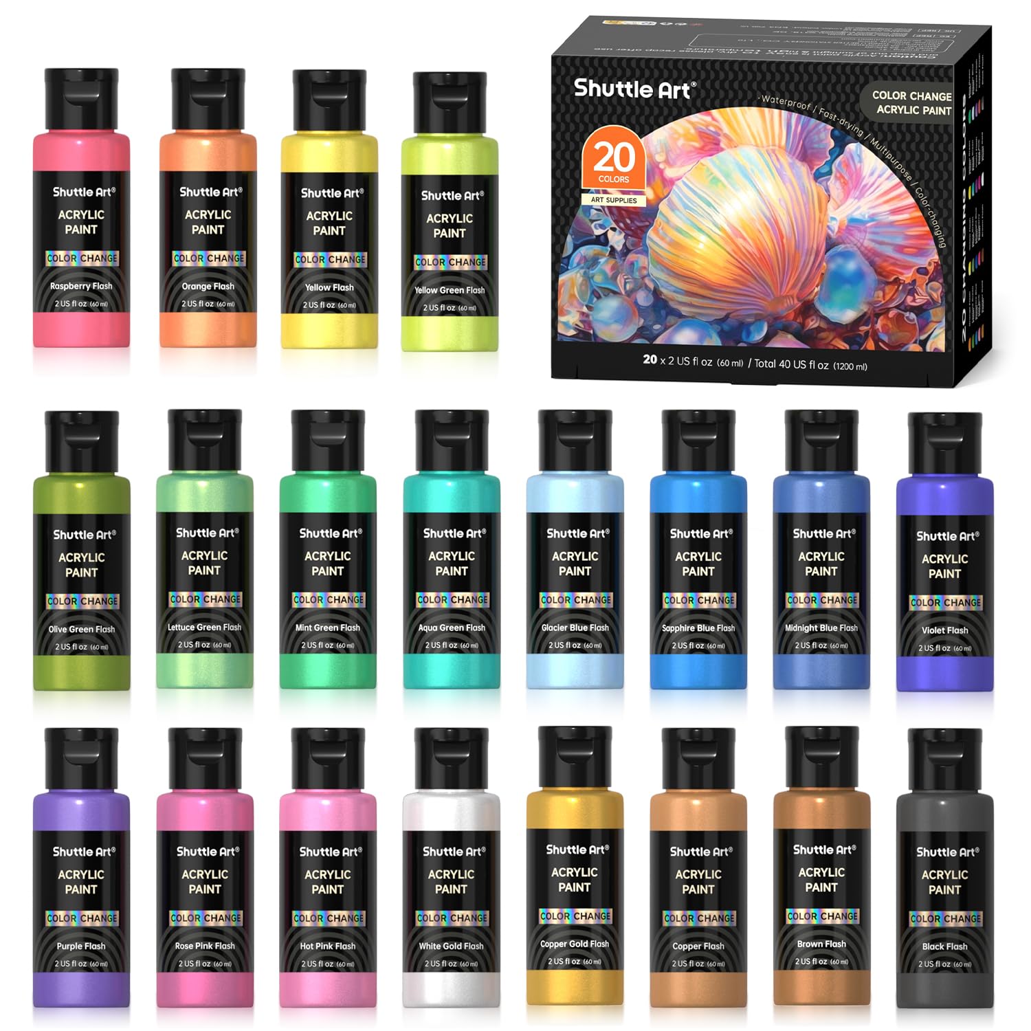 Shuttle Art Color Change Acrylic Paint, 20 Chameleon Colors Acrylic Paint, 60ml/2oz Bottles, Iridescent Colors for Artists, Beginners, Kids Painting & Crafting on Canvas, Rocks, Wood, Fabric, Ceramic