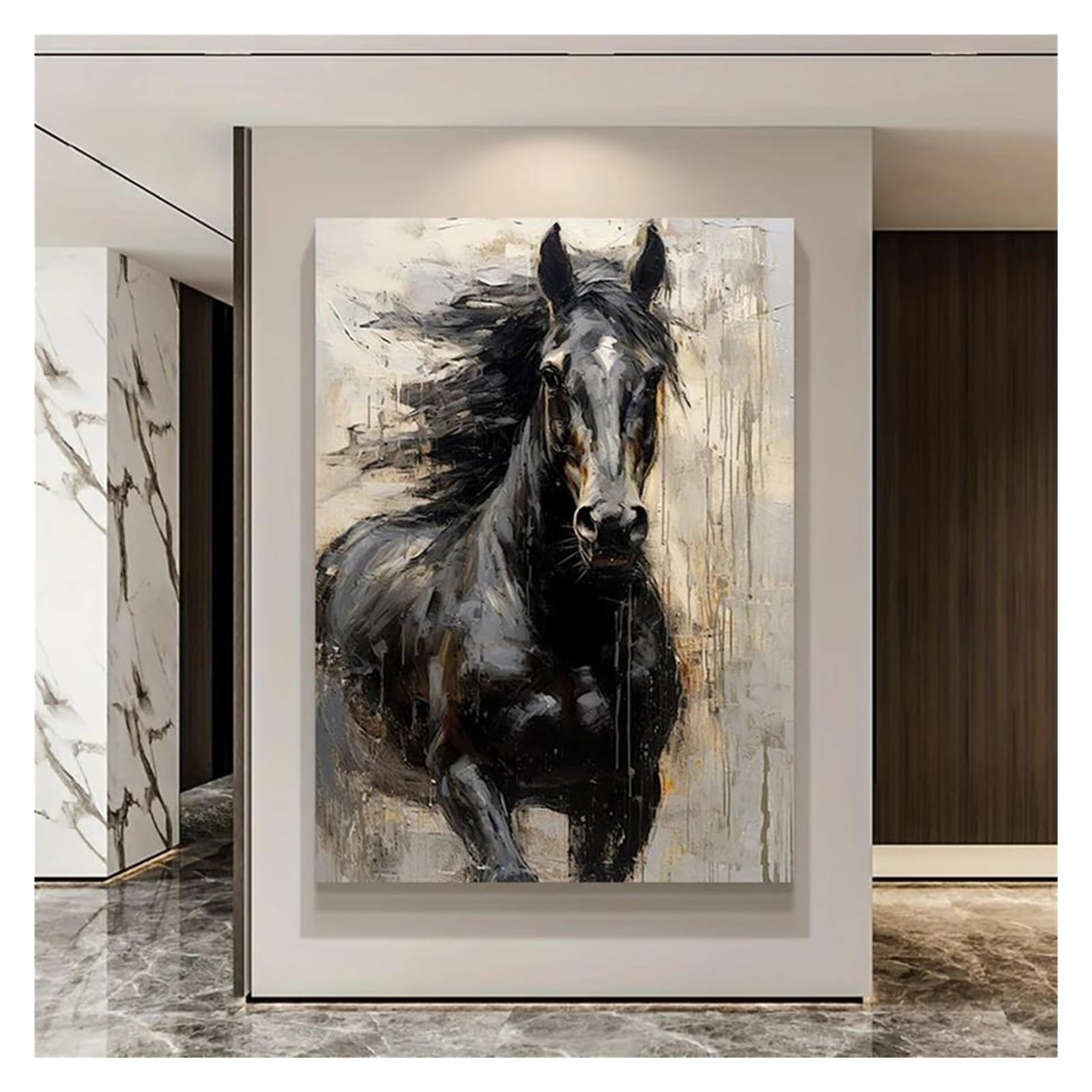 Lienzo de caballo negro abstracto: decoración vibrante para salón y dormitorio moderno