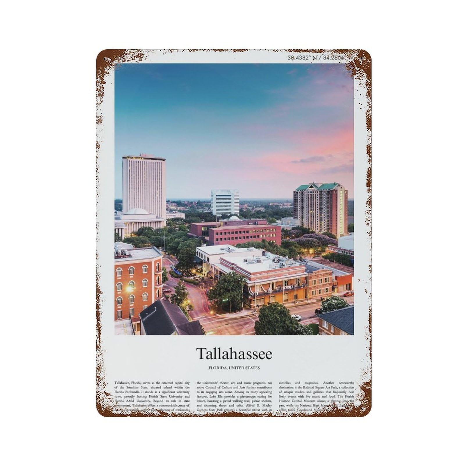 xiaoxiaoshen Tallahassee Florida, United States, USA City Scenery Wall Decor Art Metal Tin Poster Modern Home Decor Art Home Bar Shop Decorations Vintage Sign 40x30cm