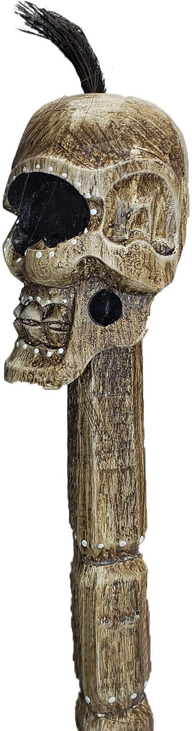Halloween Skull Head Cane Stick Pirate Day of the Dead Home Décor Indoor Outdoor Garden Hand Carved Wood 40 Inches (Pony)