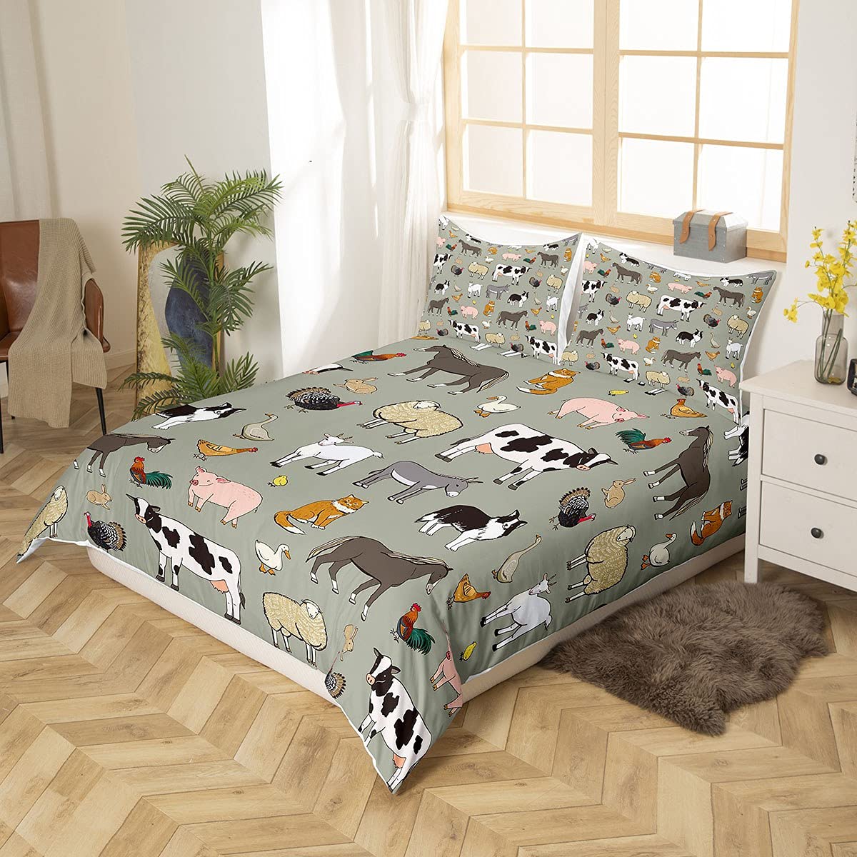 Homemissing Kuh Bettbezug Set Karikatur Katze Hund Pferd Bettwäsche Set 135x200cm für Kinder Jungen Mädchen Zimmer Bauernhof Tier Sammlung Dekor Betten Set Bauernhaus Stil 2St Reißverschluss