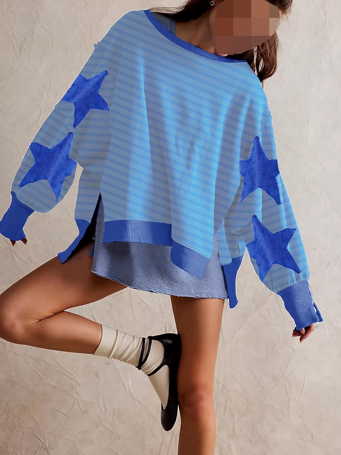 Womens Oversized Crewneck Sweatshirt Y2k Striped Star Long Sleeve Side Slit Pullover Sweatshirt Teen Girl Aesthetic - Image 2