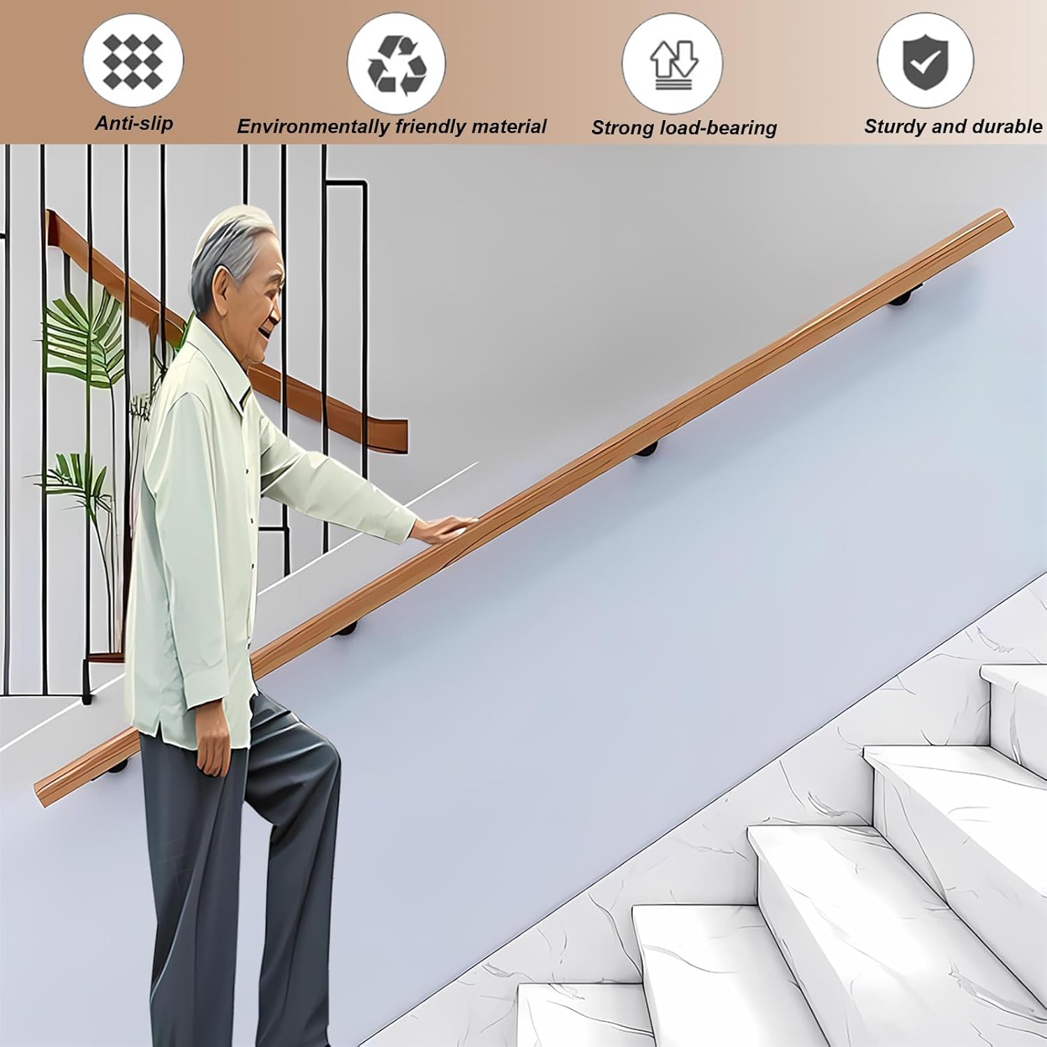 Pasamanos De Escalera De Madera De 50-600 Cm, Apoyabrazos De Seguridad Para Personas Mayores Montados En La Pared, Parapeto Para Pasillos, Barandillas Para Terrazas De Lofts (C, 50cm)