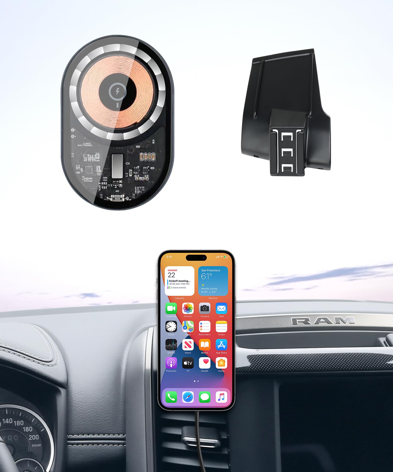 Supporto per telefono da auto di ricarica wireless per Dodge Ram 1500 2500 3500 2019-2025 accessori 5/8,4" clip fissa per schermo, rotazione a 360 ° compatibile con MagSafe