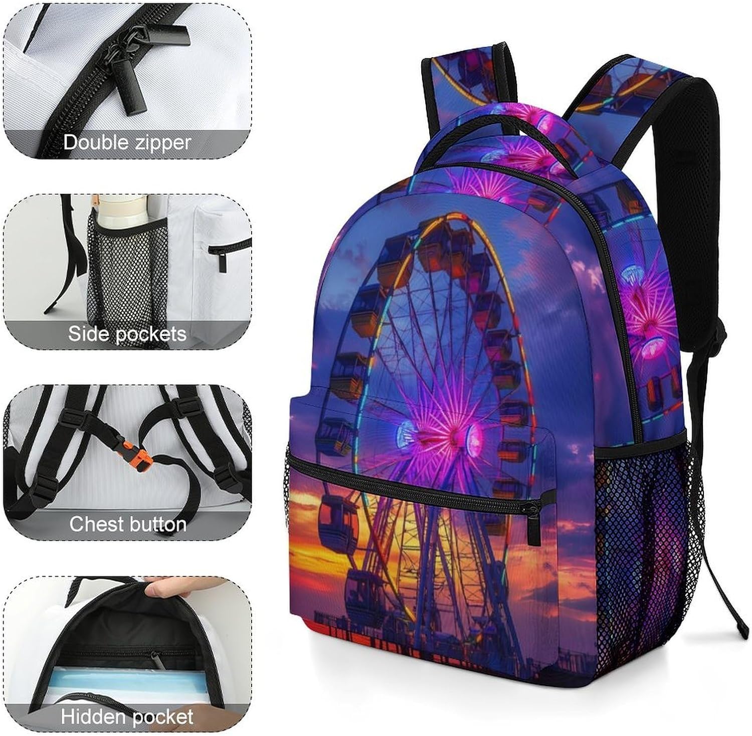 Myrtle Beach South Carolina Ferris Wheel Laptop Backpack Lightweight Travel Daypack Shoulder Bag for Men Women