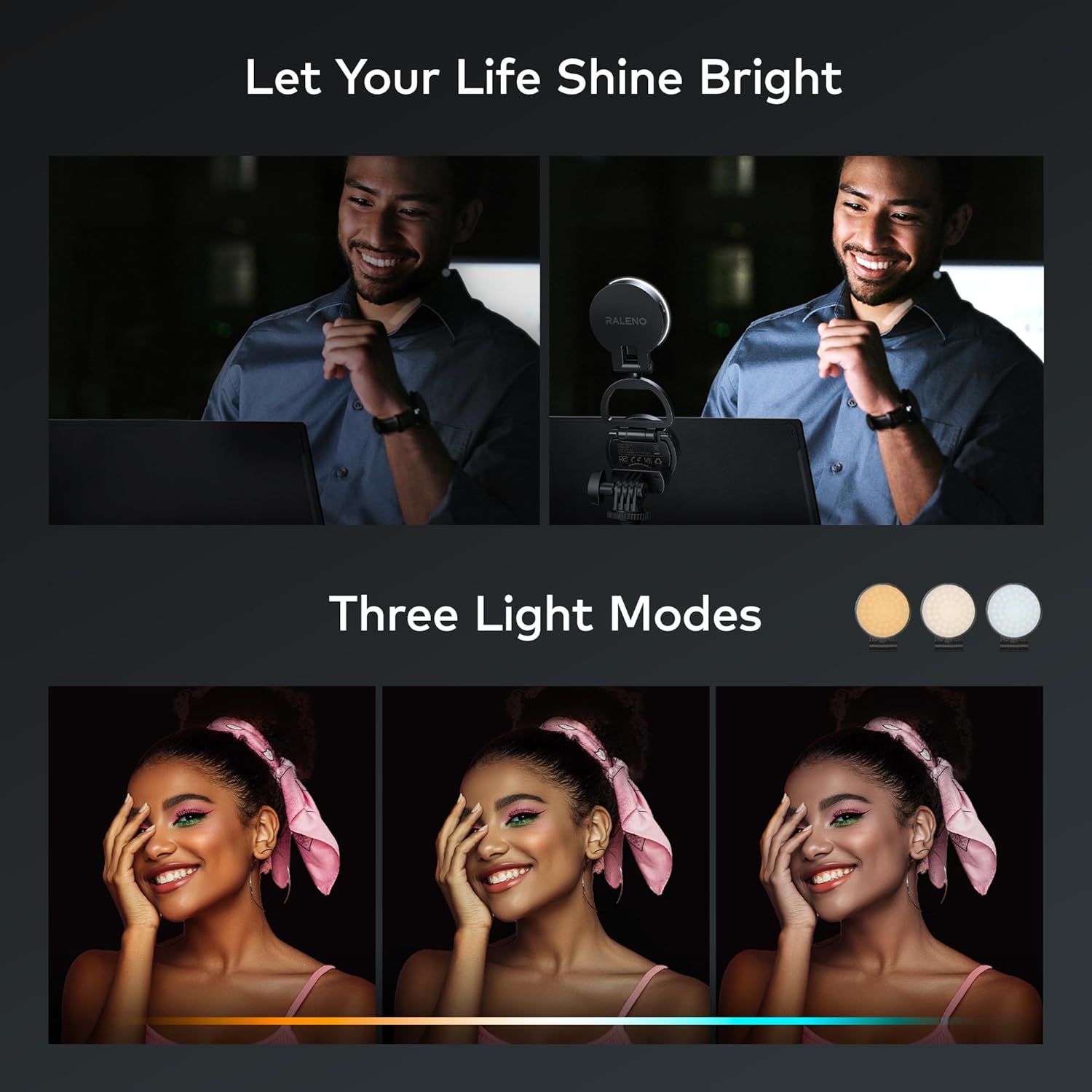 Images showing a person illuminated by the RaLeno light at different color temperatures: warm, neutral, and cool.