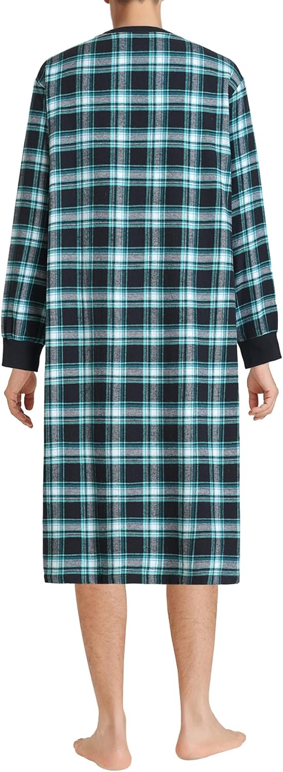 Esenchel Men's Cotton Flannel Henley Nightshirt Long Sleeve Nightgown