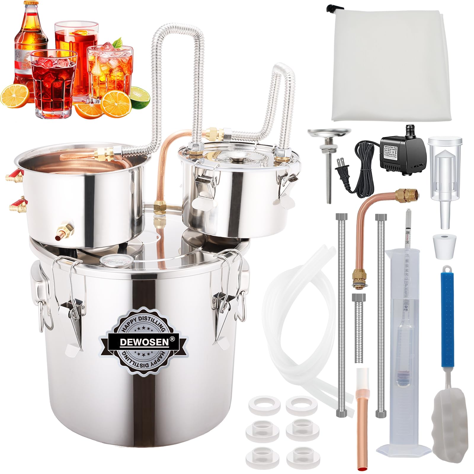 Alcohol Still 5 Gallon 3 Pots Shine Still Distillery Kit for Alcohol Stainless Copper Tube Complete with Thumper Keg Water Pump Metal Thermometer Airlock Brew Bag Proof Alcoholmeter Test Kit
