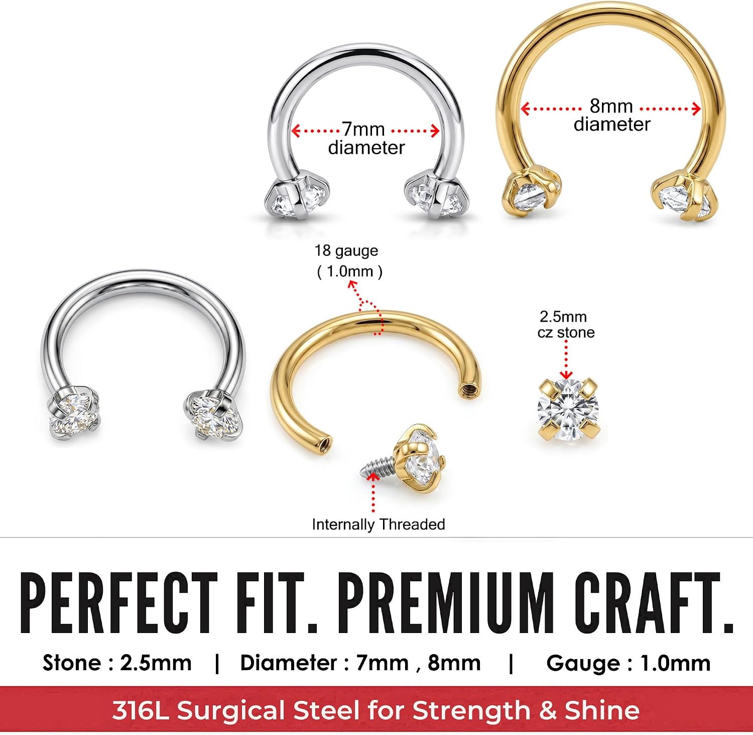 2.5mm Cz Stone Internally Threaded 18 Gauge (1.0mm) Stainless Steel Circular Barbell - Hoop Cartilage - Daith Hoop - Room Ring - Helix Ring - Body Piercing Jewelry