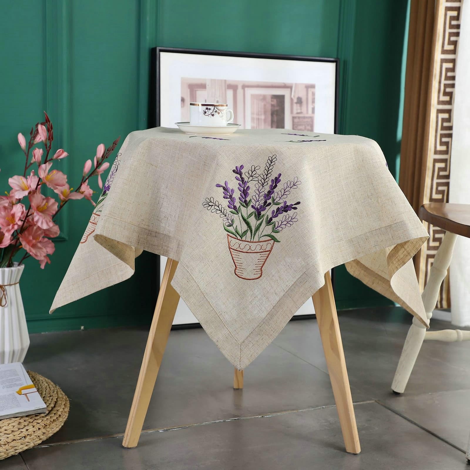 Nappe carrée avec lavande, en polyester, beige, 33 x 33 cm