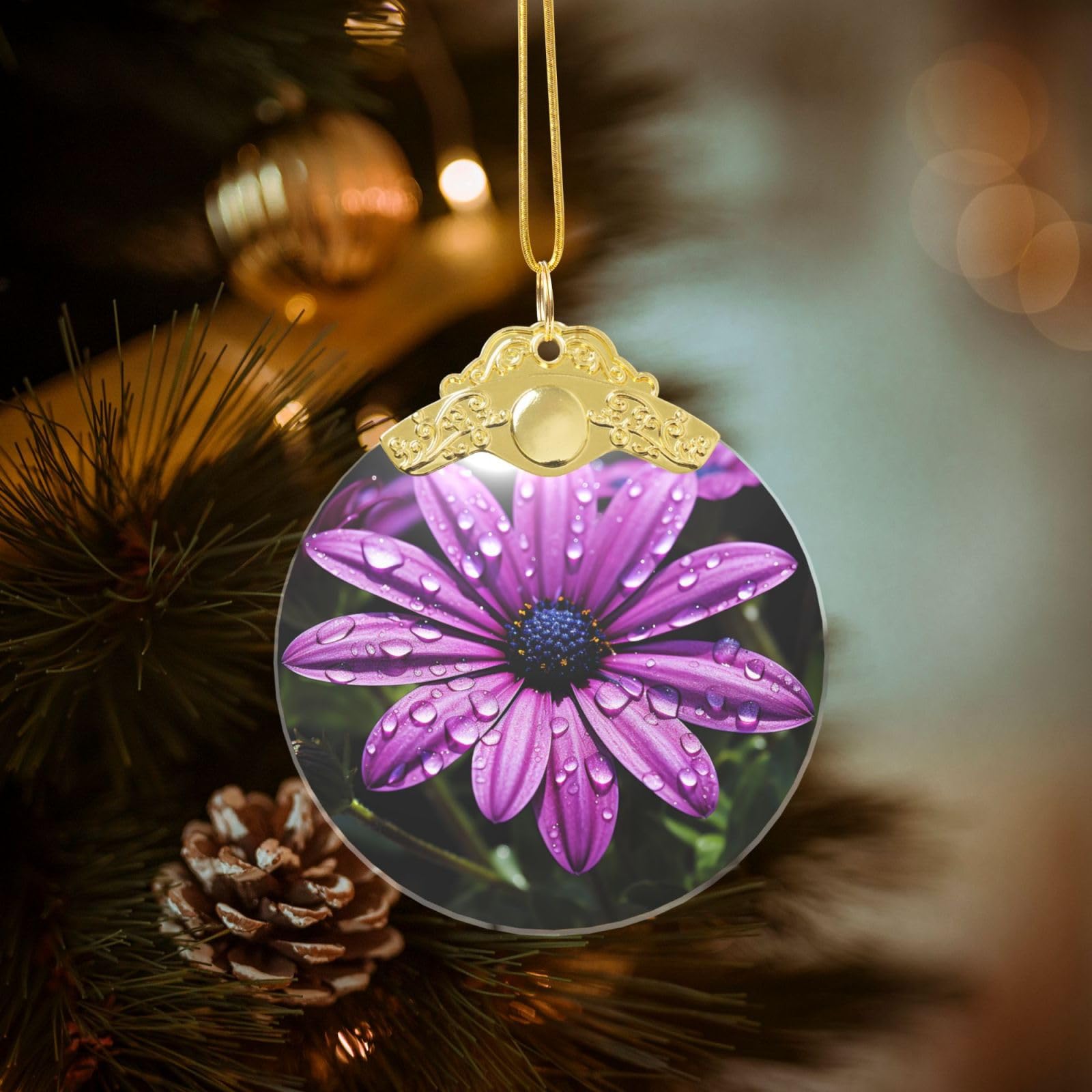 Crystal Christmas Ornaments for Christmas Tree Decoration Hanging Purple Daisy Ornament with Gold Ribbon Crafts Round Pendant for Keepsake Gifts Glass Xmas Decor Party Supplies