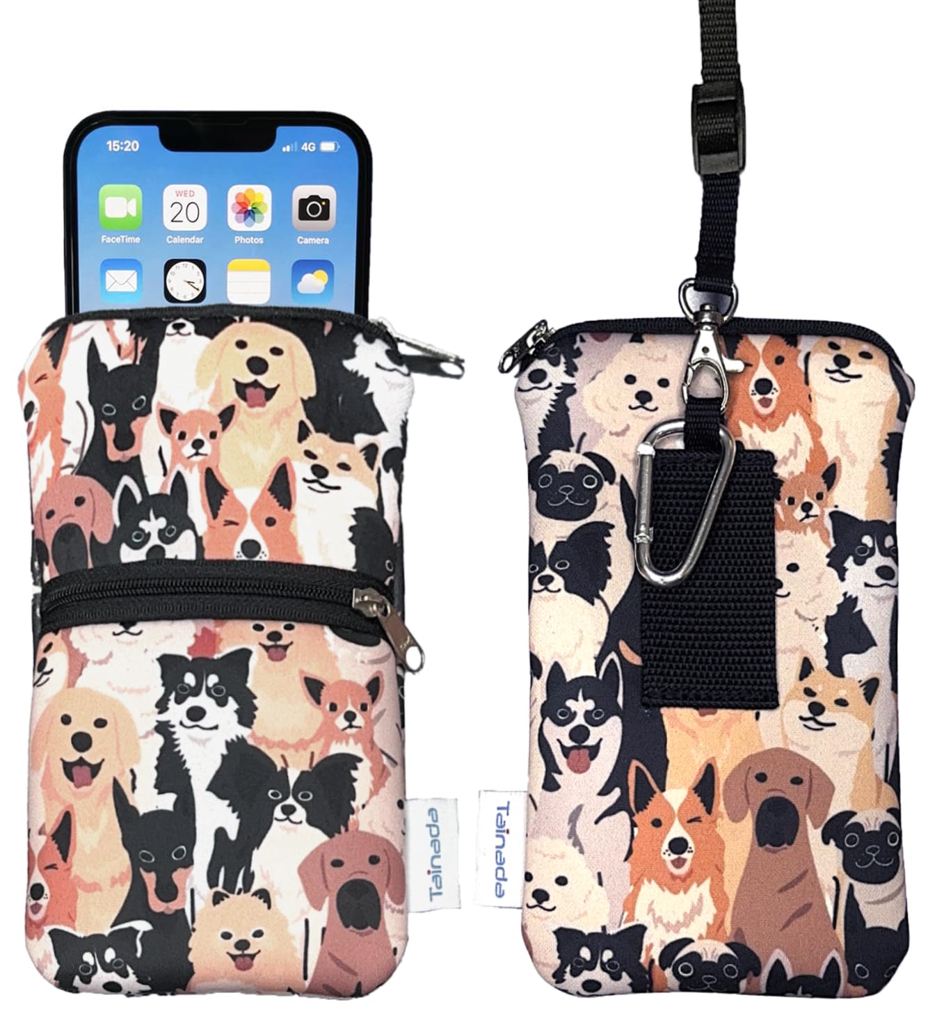 Tainada 2-Zip Neck Phone Pocket Bag w/Belt Loop (Doodle Dogs Style 1) | For Men/Women; Water-resistant neoprene pouch, shockproof, lightweight, w/carabiner; Compatible with most of smartphones