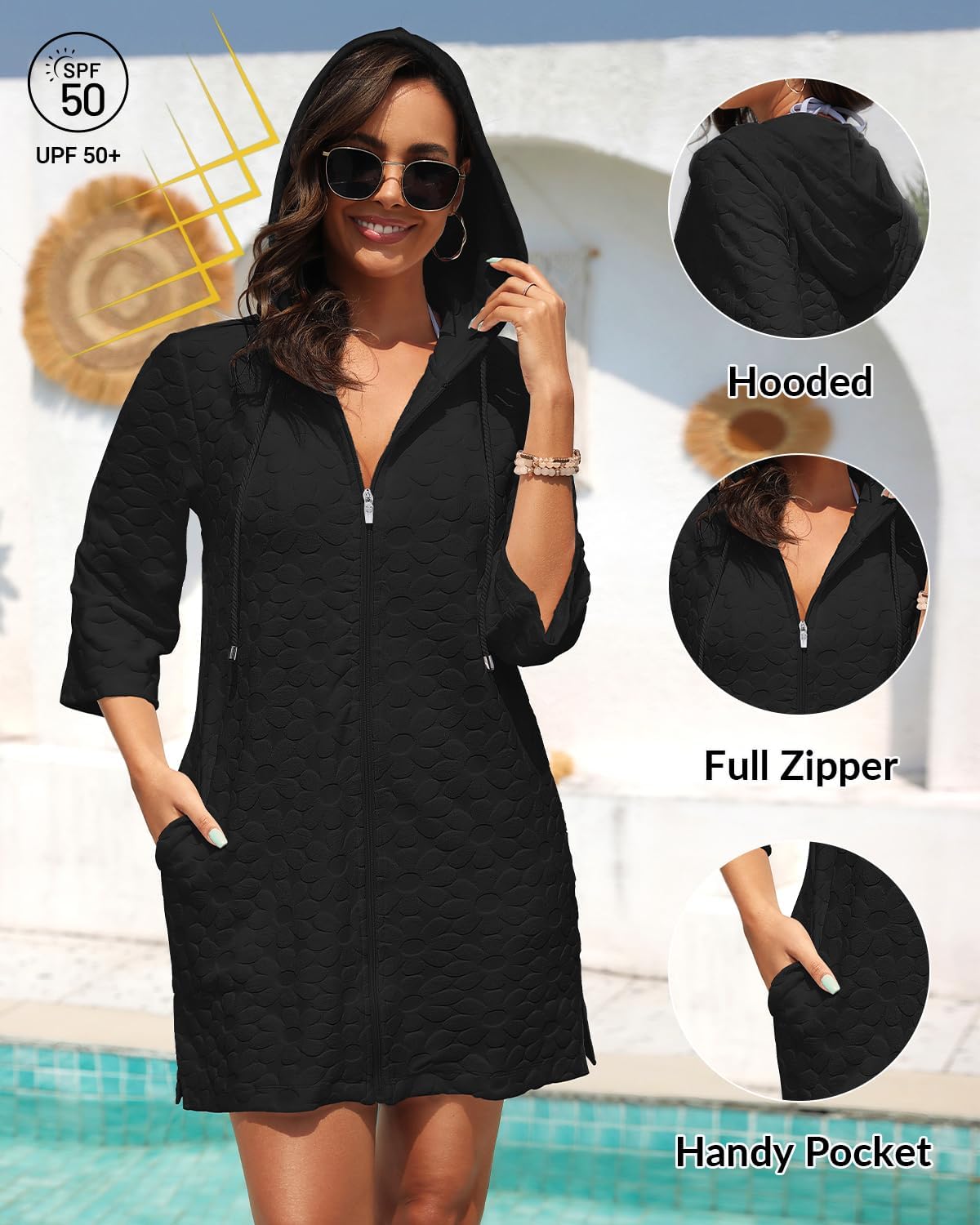 Yonique Terry Cloth Cover Up - Long Sleeve Cover Swimsuit Hooded Zipper Beach Cover-up with Pockets - Image 4