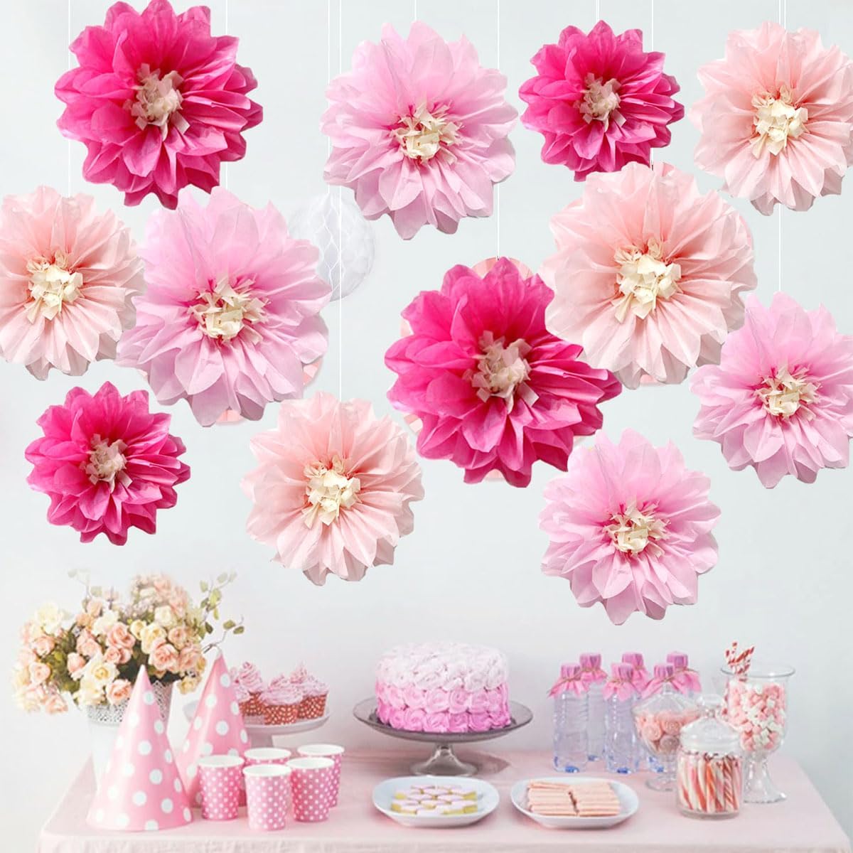 12pcs 10in 12in Paper Flowers Tissue Flowers Pom Paper Pom Poms Hanging Flowers Floral Backdrop Wedding Party Flower Decorations DIY Art Craft Blooms for Birthday Baby Shower Nursery Decor Pink - Image 3
