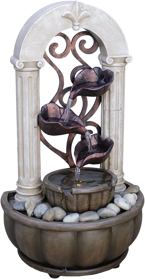 11"H Flowing Tiered Leafs Dual Power LED Fountain with Natural River Rocks (Adapter NOT Included)