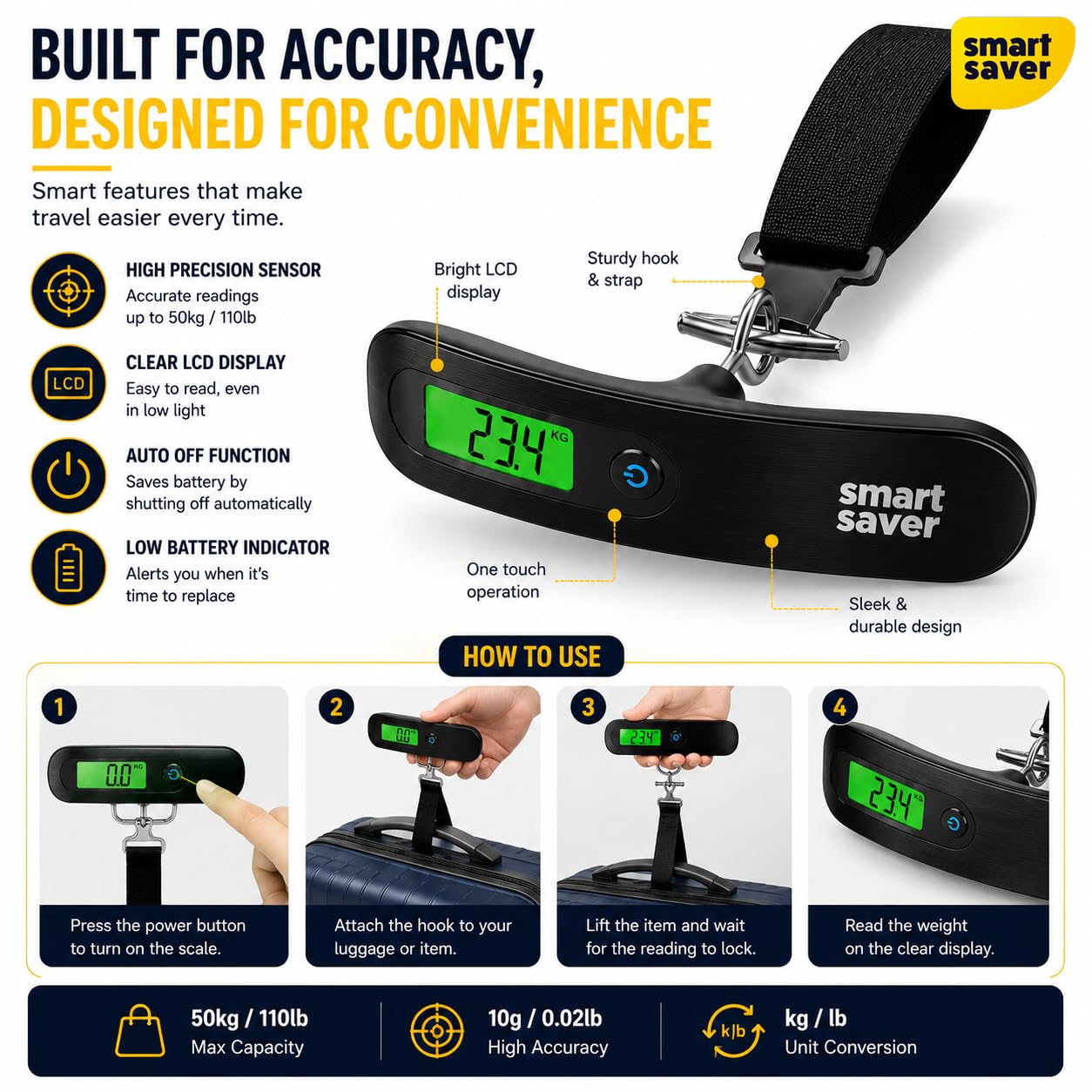 Smart Saver Weight Machine for Luggage - 50 kg capacity, Black Steel body, 1 Year replacement - Digital Portable Electronic Luggage Weighing Scale for home, travel, flights, bags (Upto 50 kg) 2