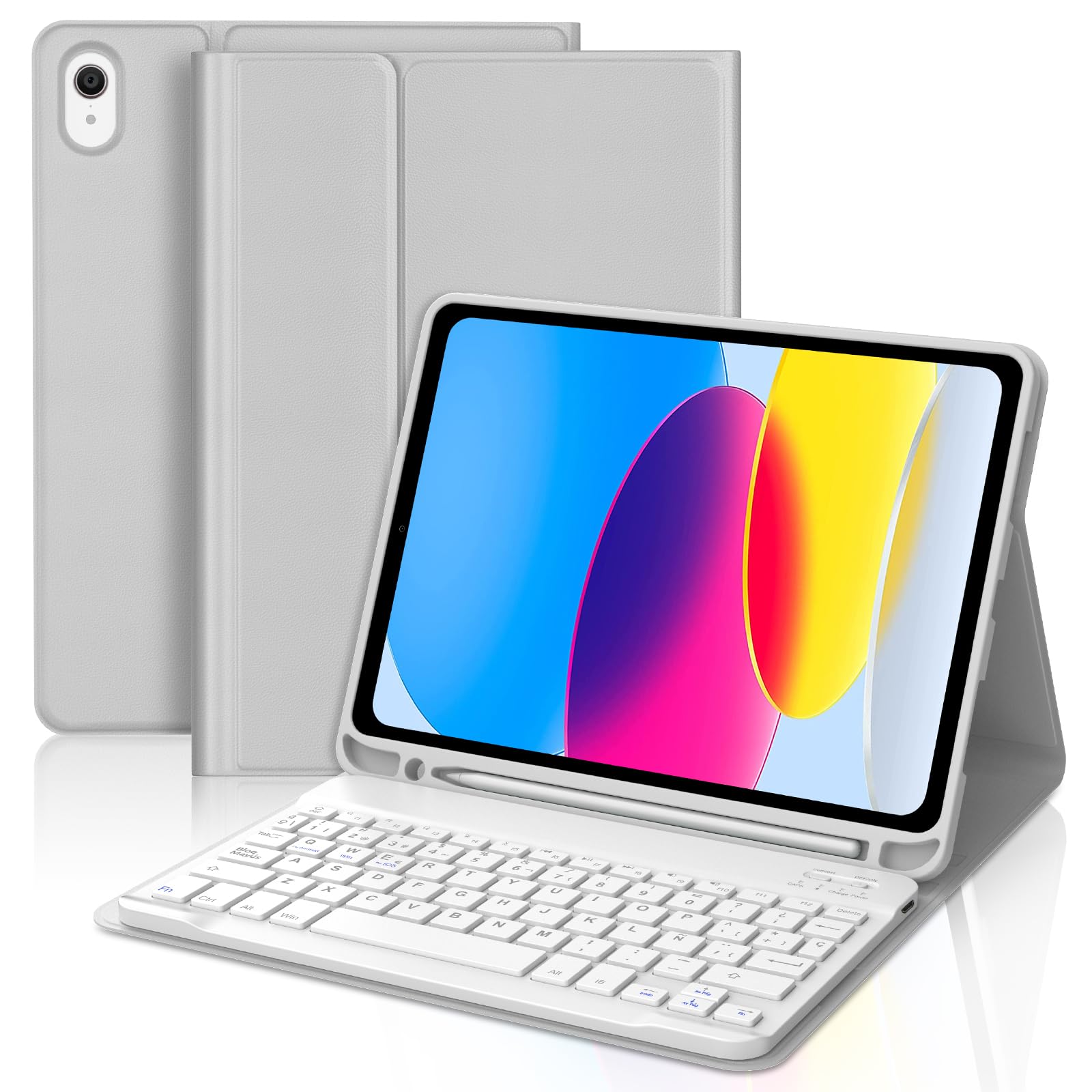FOGARI Teclado para iPad 11 Generacion A16 11" 2025/10 Generacion 10.9" 2022, Funda con Español Ñ Teclado Bluetooth Magnético Desmontable para iPad A16 11ª/10ª Generación, Gris Claro