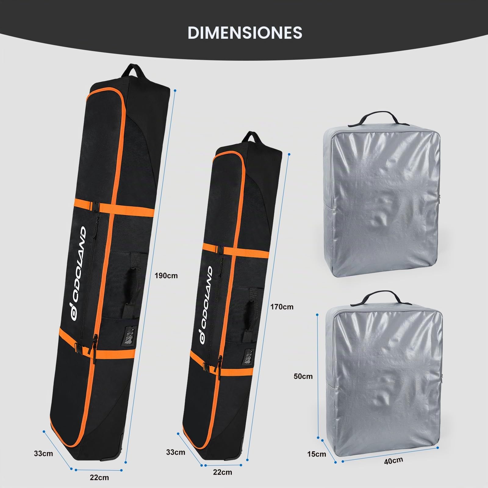 Odoland Bolsa de Esquí con Ruedas Bolsas Acolchadas para Snowboard y Botas de Esquí con Ruedas para Viajes en Avión, Tela Oxford 900D Impermeable, Apta a 2 Pares de Esquís de 170/190 cm