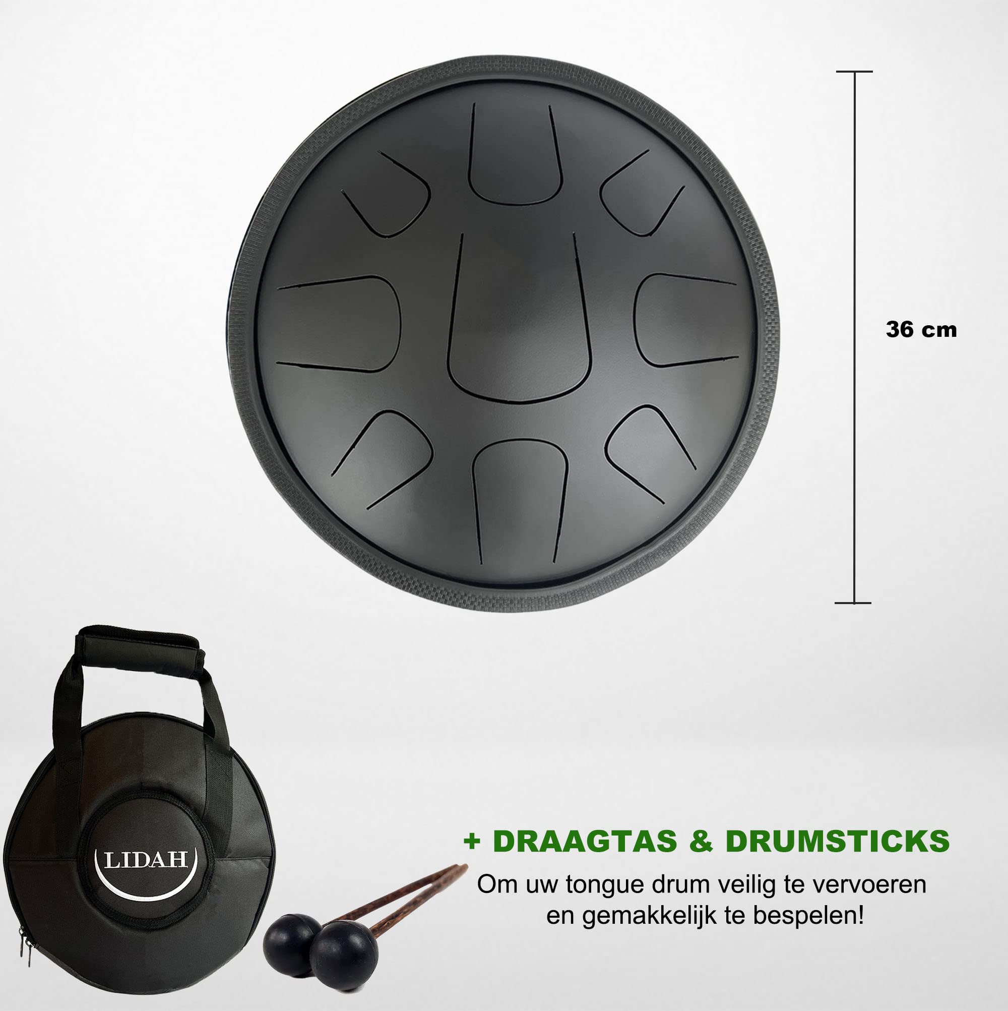 LIDAH Steel Tongue Drum - AkeBono Zephyr Series Poêle à main 36 cm , Instruments de musique Enfants et Adultes, Yoga Méditation Chakra Lotus Tambour à main Pan Steeldrum Briller (Black)