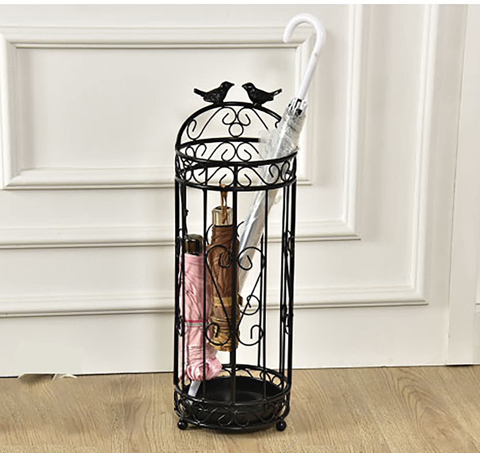 Porte-parapluie vertical Supports antiques noirs avec décor d'oiseaux, porte-parapluie de porte d'entrée de couloir d'angle rond en métal, 62cm/ 25 pouces de haut