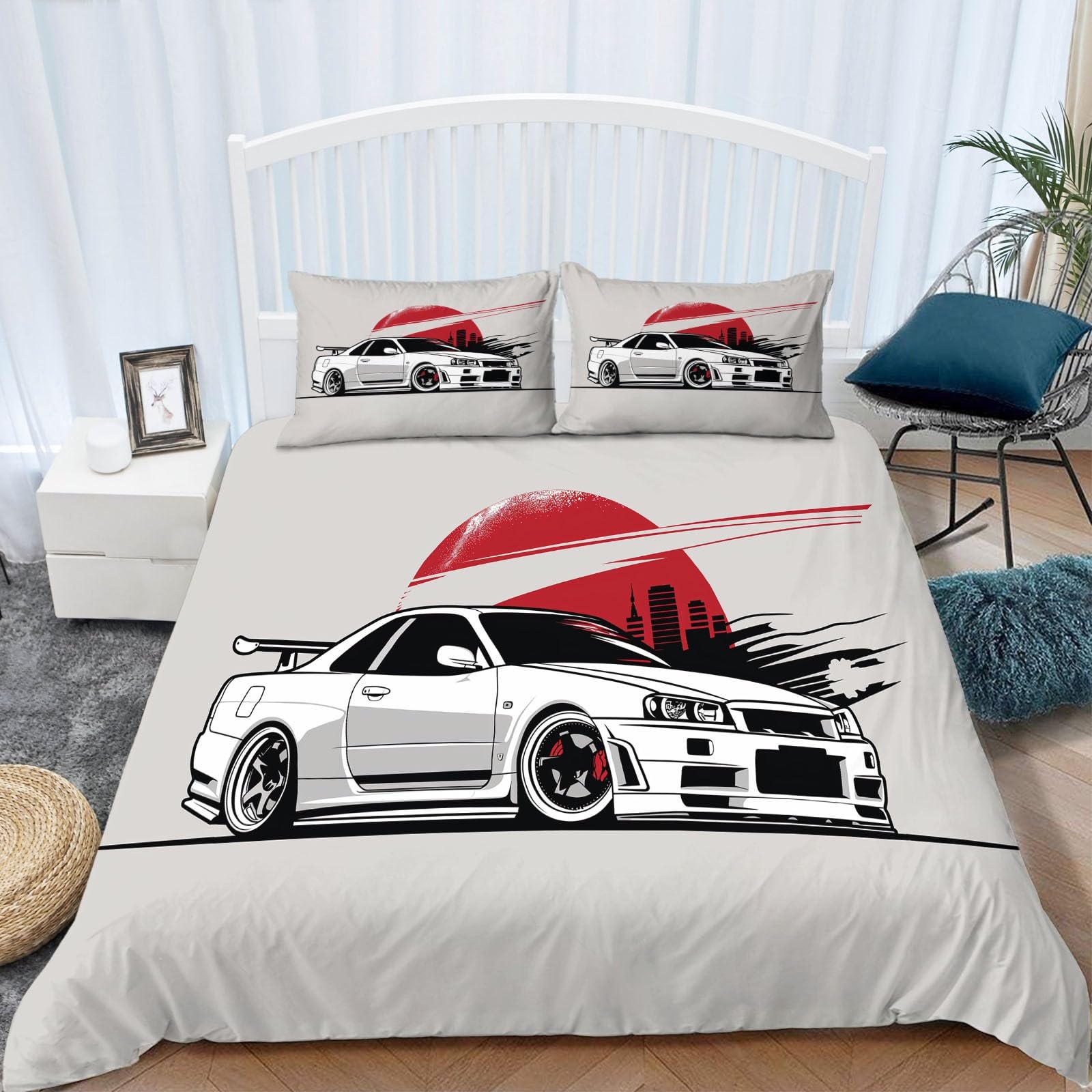 Juego de Ropa de Cama Funda Nordica para Cama 150 Estilo Japonés Coche Deportivo Blanco 3 Piezas Juego de Cama Cremallera Funda de Almohada 220x240 cm Poliéster Algodón