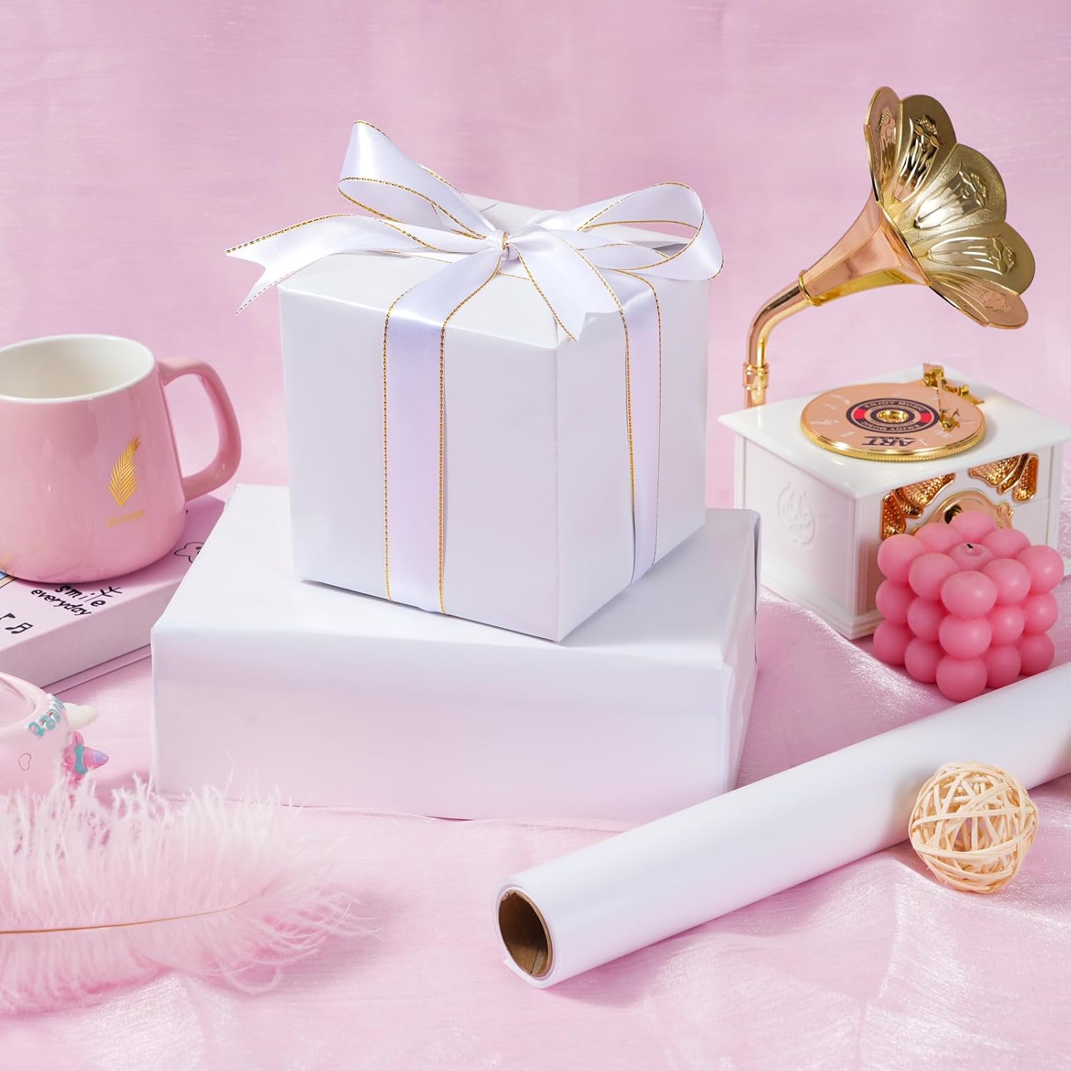 ZINTBIAL Matte White Wrapping Paper Roll with Cut Lines - Solid White Holiday Gift Wrap for Mother's Day,Wedding,Birthdays,Bridal Shower,Engagement - 17.5 in x 33 ft (48 sq. ft), Easy to Cut