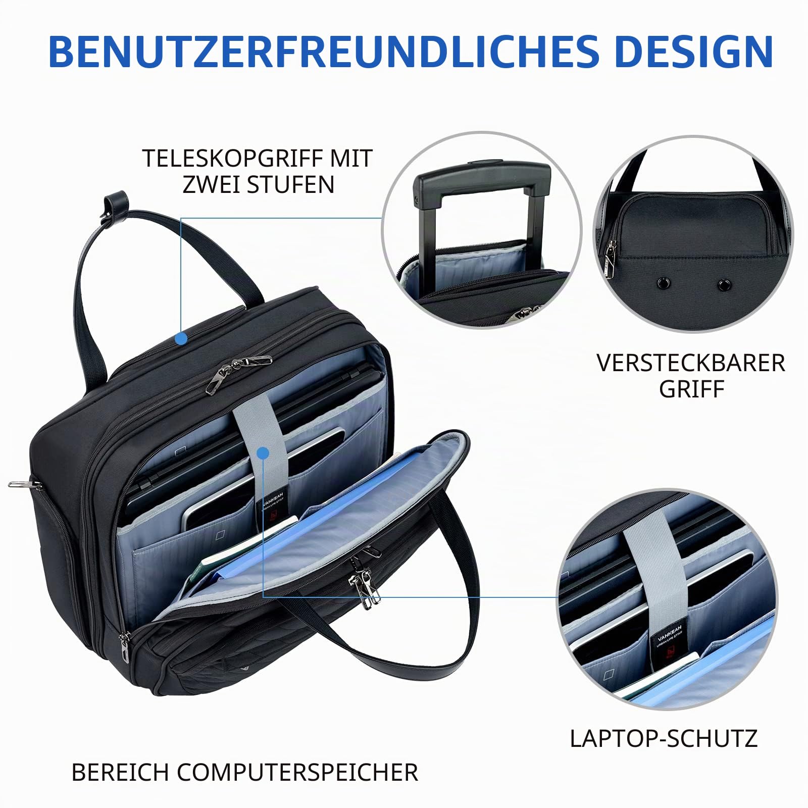 VANKEAN Rollende Laptoptasche Frauen mit Rädern, passend für bis zu 15,6 Zoll Rollende Aktentasche Wasserabweisend Rollende Computertasche mit RFID-Taschen für Reisen/Business/Schule,Schwarz