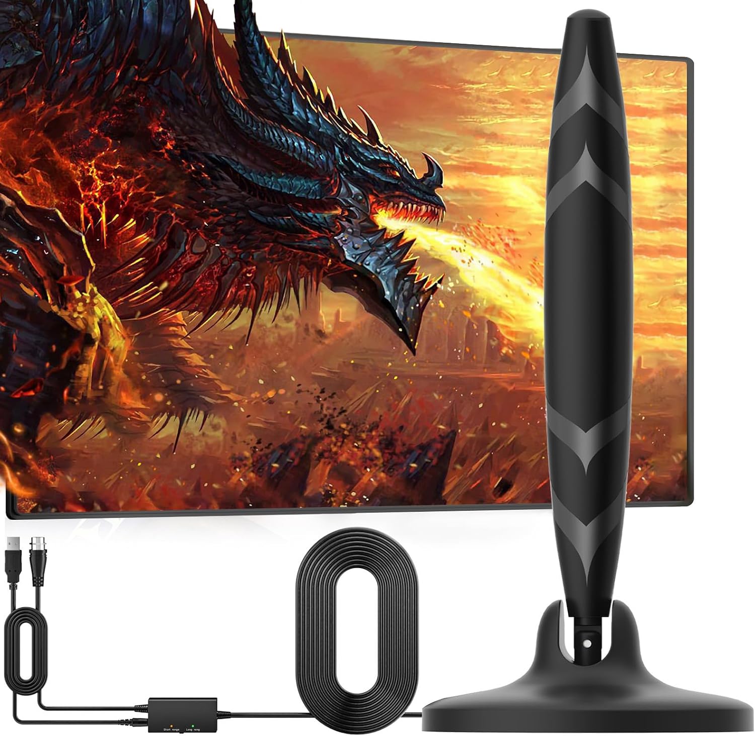 Digital Indoor TV Aerial for Smart TV and Older,650+ Miles Range TV Ariels Indoor with Signal Booster,180° degree rotation HDTV Aerial for Local Channels HD 4K 1080P & 16.4ft Cable (Black)