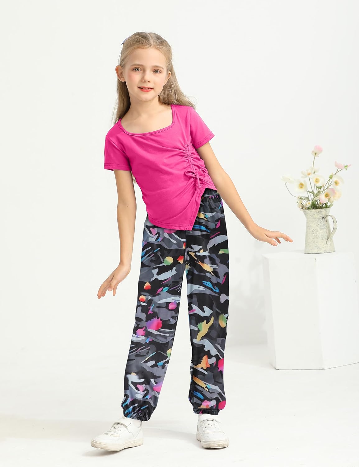 Girls Clothes Size 8 Irregular Ruched Drawstring Short Sleeve Top and Camouflage Pants 2Pcs Girls Camo Outfits Sets - Image 3