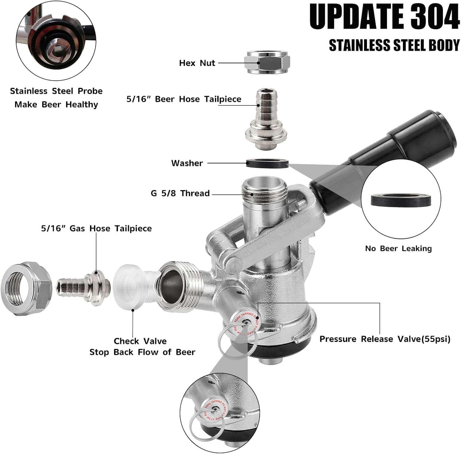 Stainless Steel Keg Coupler, Sankey D Keg Coupler with 6 Hose Clamps Keg Tap D System ID 5/16'' Draft Beer Line G5/8 Nuts