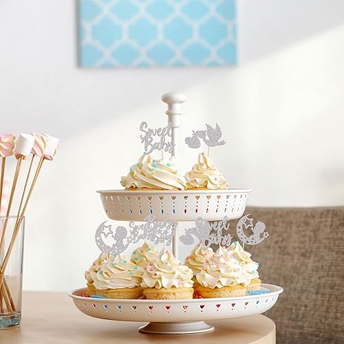 Miniatura 46 de 24 piezas Oh Baby Boy Cupcake Toppers Silver Glitter Enterizo Botella Cisne Baby Shower Boy Cupcake Picks Género Reveal Theme Baby Shower Niños