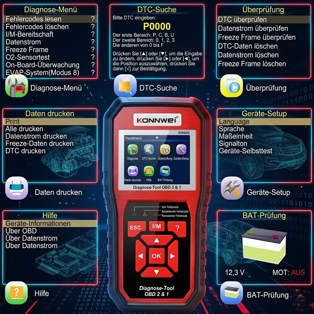 KONNWEI KW850 OBD2 Diagnosegerät mit Batterietest Diagnosegerät Auto | Auslesegerät Auto mit 2.8" Display, One Touch I/M Bereitschaftstaste, Kompatibel mit OBDII Fahrzeugen ab 2002,9 Sprachen