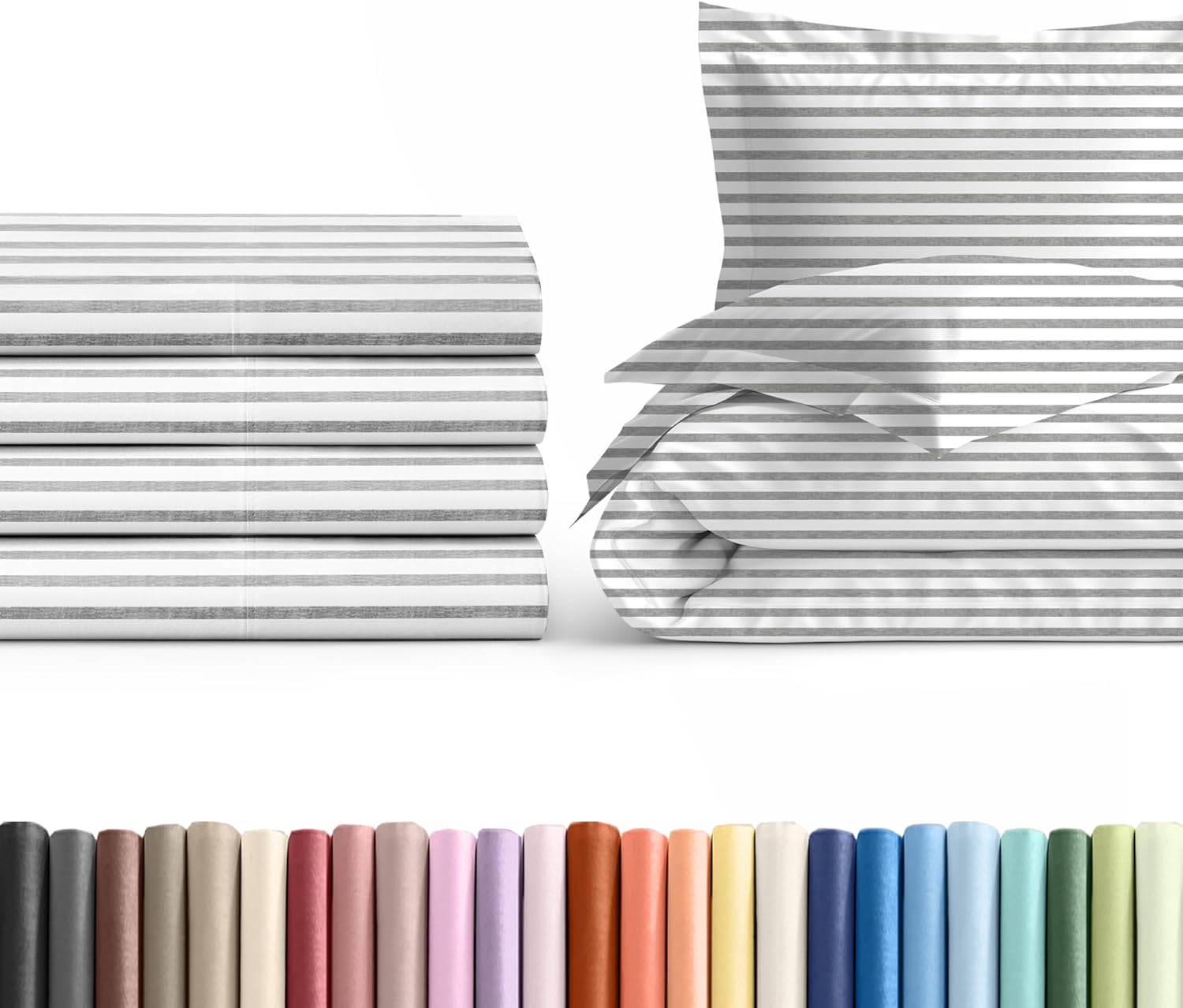 King Pillow Cases Set of 4 with Duvet Cover - Hotel Quality Pillowcase Covers - Comfy Luxury Bedding for Women, Men, Kids & Teens - Machine Washable Protectors - 4 Piece Set - King Size Grey Stripes