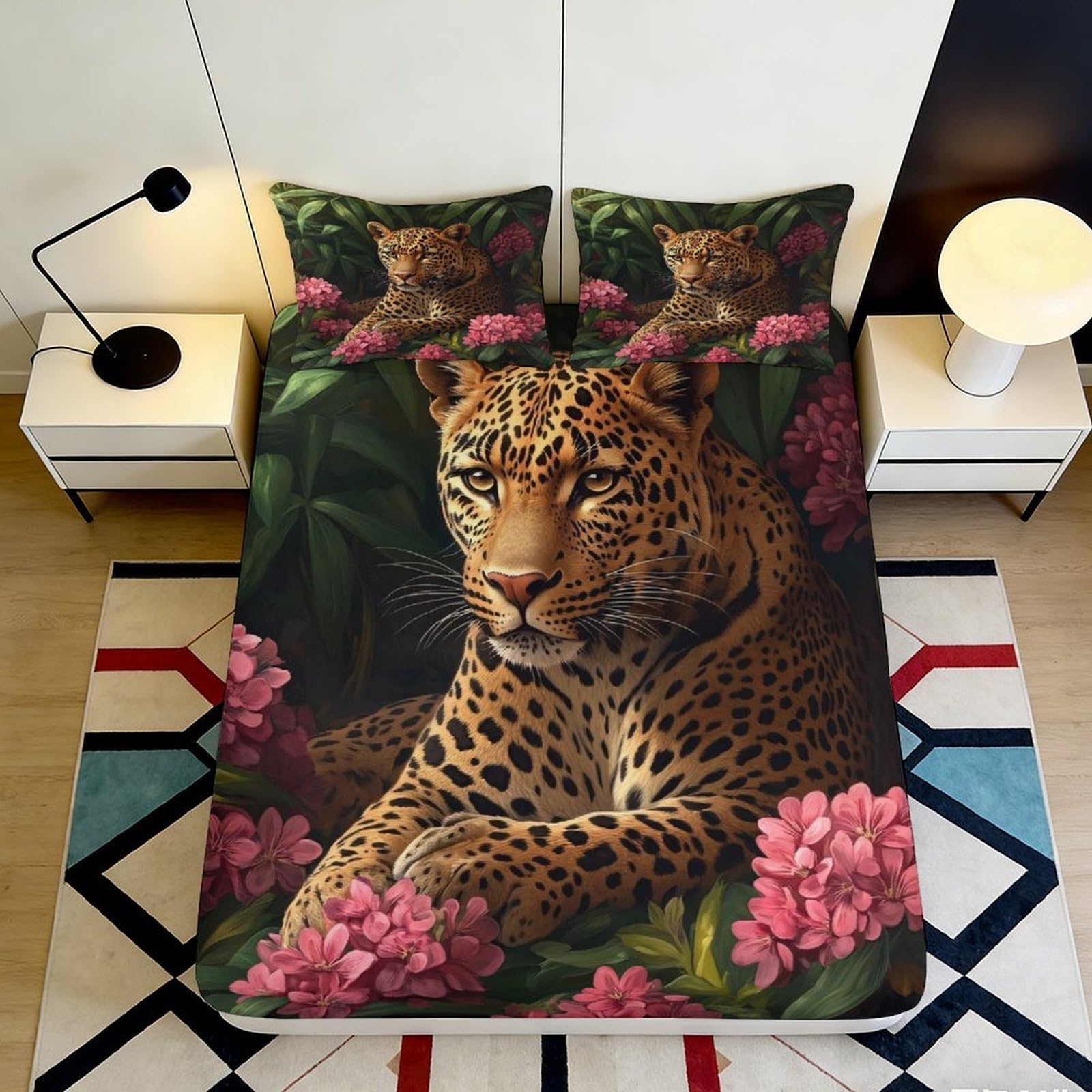 Jqzkxnhpbr Style-10 3D Printed Jungle Leopard Fitted Sheet Microfiber Soft Non-Slip Mattress Cover Floral Art Decor For Bedroom Guestroom 90X200x25cm