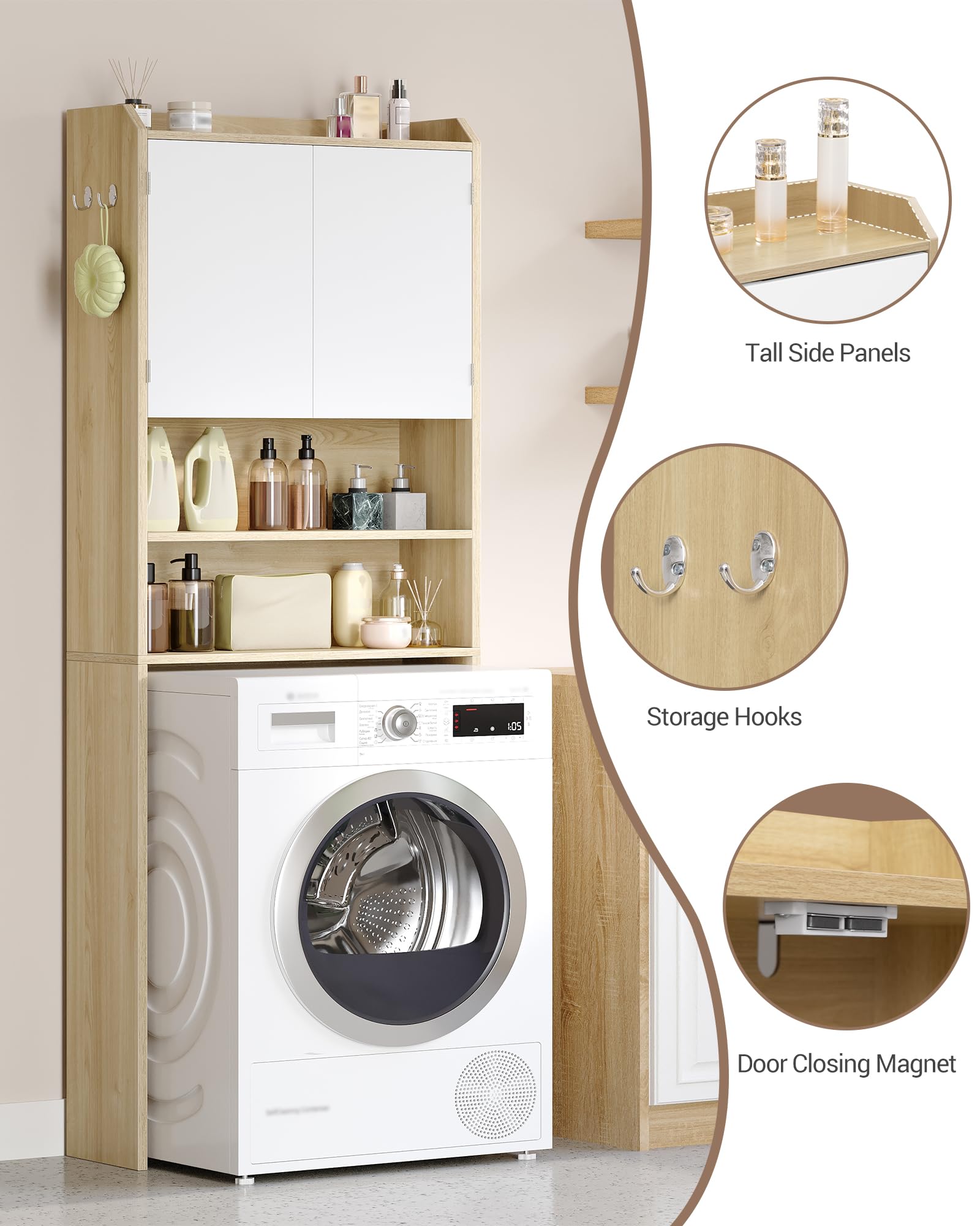 Hzuaneri Mobile lavatrice,24 x 65 x 185cm, Rip. regol.,Bianco-Rovere | 2 ripiani apribili, Mobile sopra lavatrice, Stile moderno minimalista, Porta WC doppia anta, LR65031X