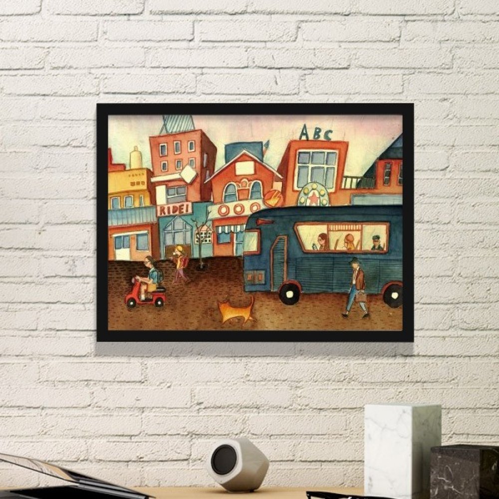 Peinture chat bus aquarelle petit cadre pour petit mur