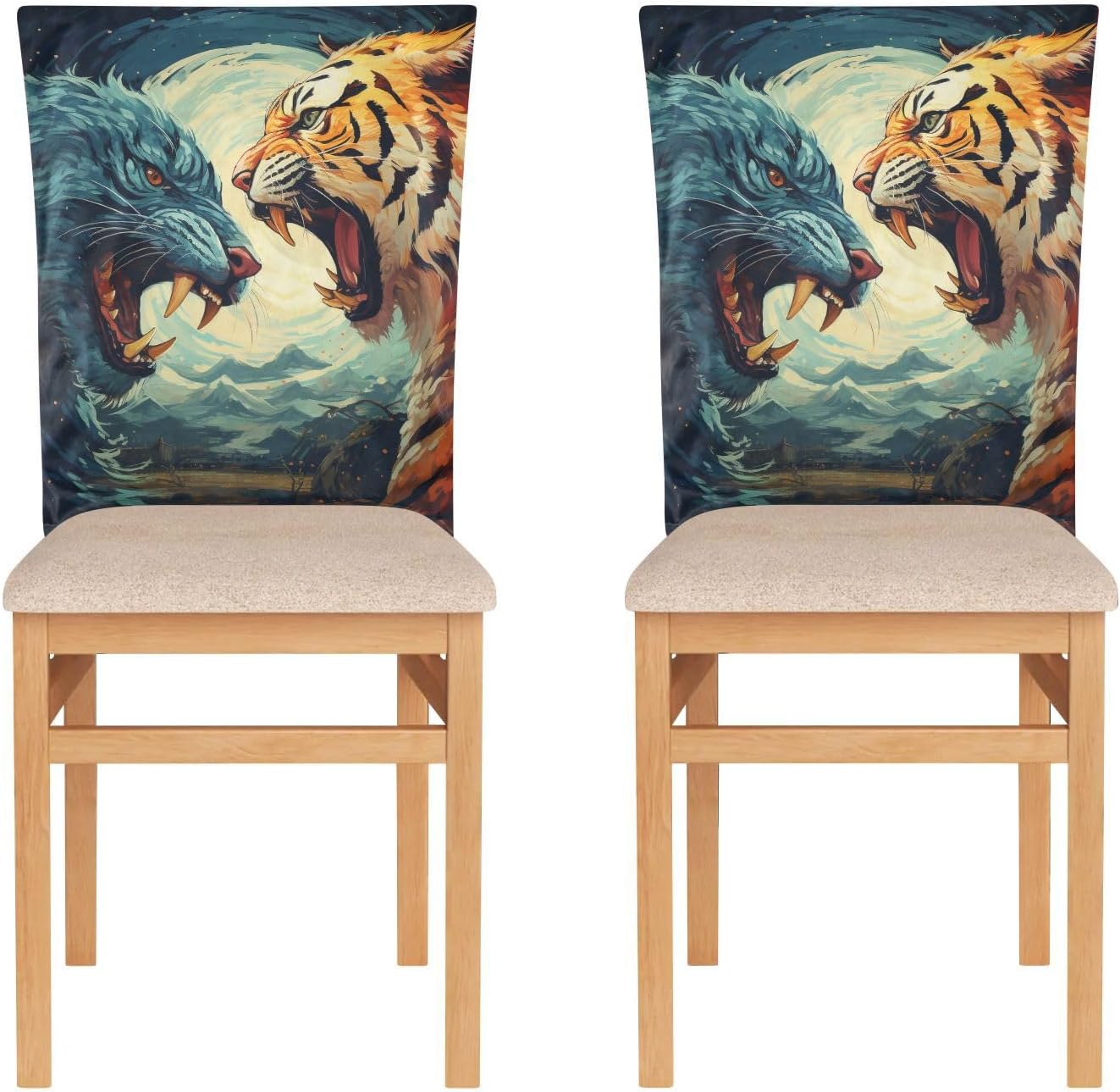 ALAZA Vintage Tiger and Wolf Chair Back Cover Set of 6, Washable Reusable Removable Chair Slipcovers Decorative Chair Cover for Home Kitchen Wedding Party