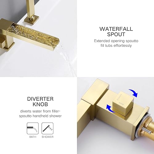 Miniatura 3 de TapLong Grifo de llenado de bañera en cascada con ducha de mano, juego de grifo de bañera romano generalizado, montaje en cubierta, 3 agujeros, Oro