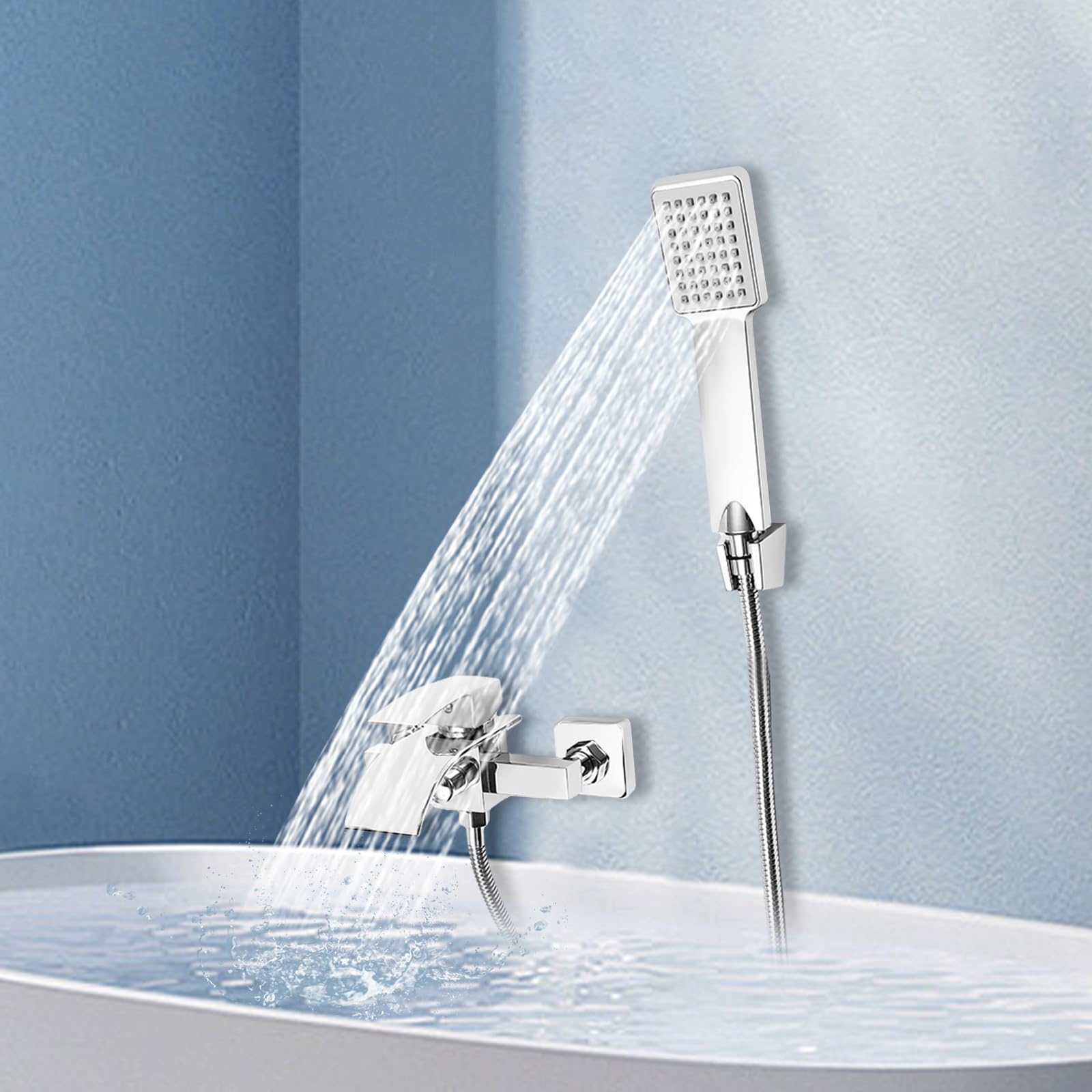 Alcachofa de ducha de alta presión, cabezal de ducha con manguera y 2 salidas de agua, soporte de pared con soporte de ducha con rosca de 1/2", de acero inoxidable, color plateado