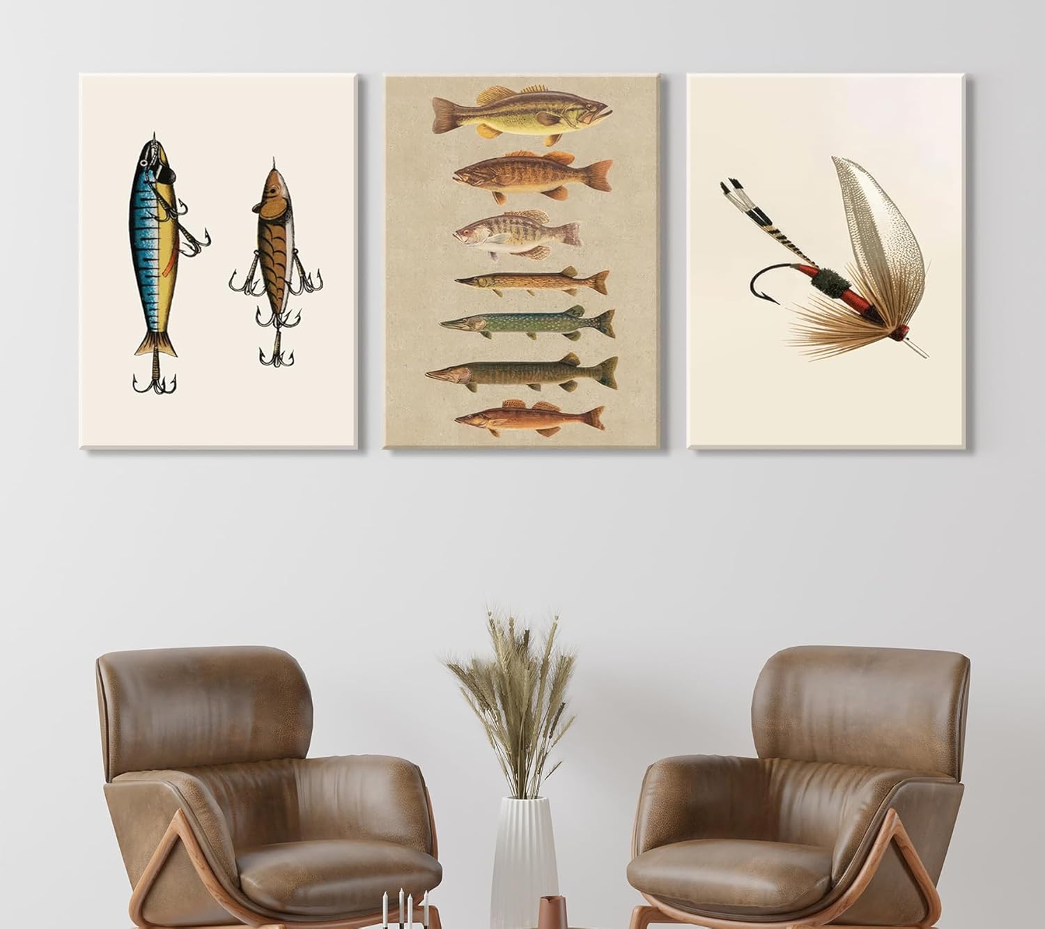 3Pcs Vintage Fishing Canvas Wall Art Minimalism Fishing Gear Posters Artwork Fisherman Cave Painting Pictures Wall Decor for Outdoorsy Cabin Kitchen Fisherman Home Decoration 12x16in Framed