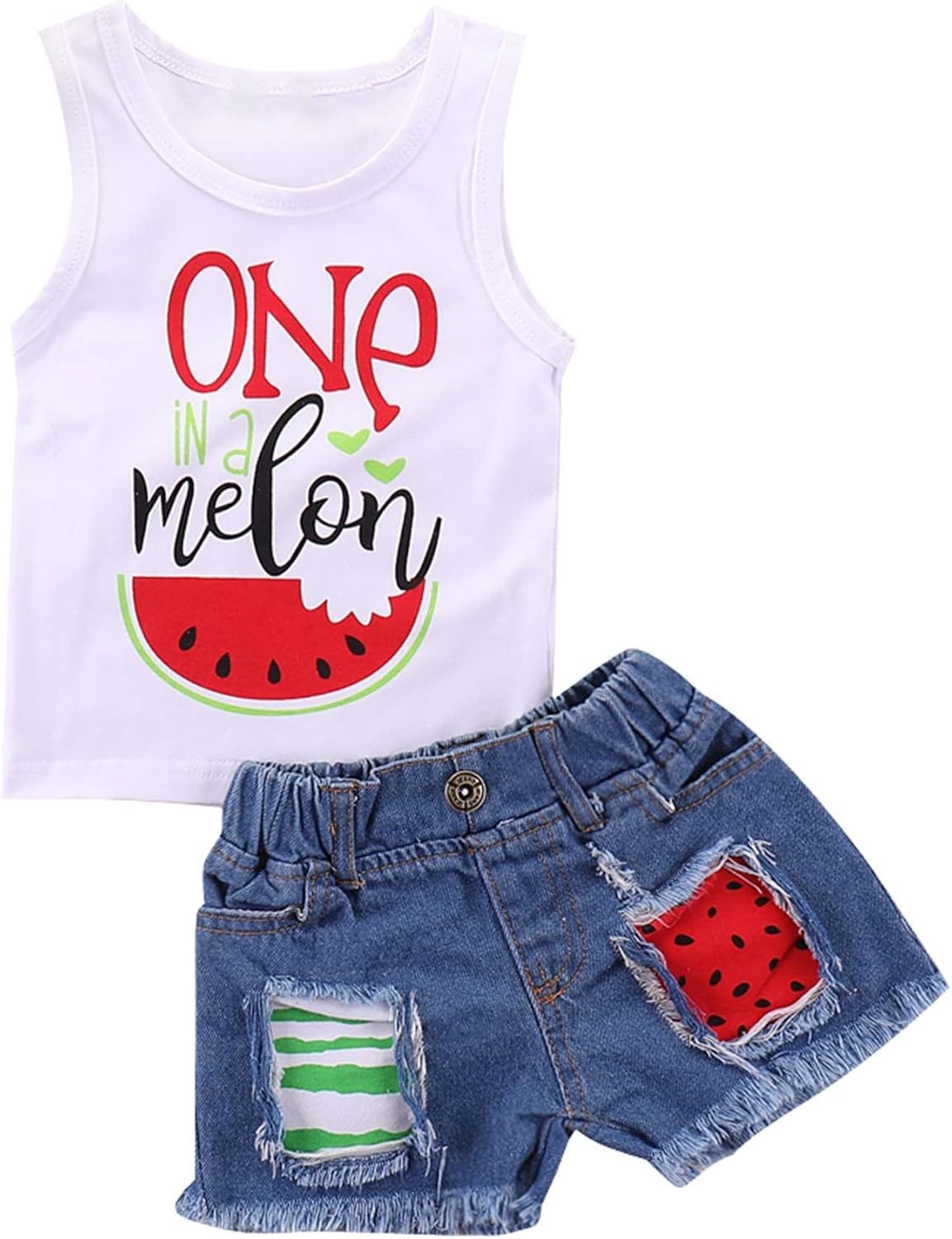 Mikrdoo Baby Girl Clothes Toddler Girl Summer Outfits Shirts Tops Ripped Denim Shorts Set Little Girls Clothes