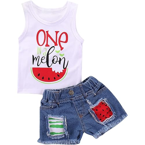 Mikrdoo Baby Girl Clothes Toddler Girl Summer Outfits Shirts Tops Ripped Denim Shorts Set Little Girl Clothes