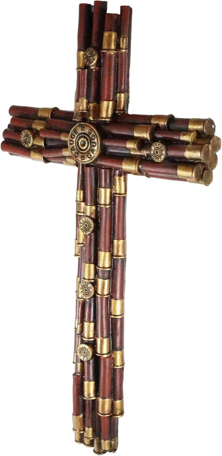 Ebros Gift 19" Tall Rustic Western Vintage Hunter Cowboy Red And Gold 12 Gauge Shotgun Bullet Shell Casings Decorative Wall Cross Wild West Inspirational Decor Plaque