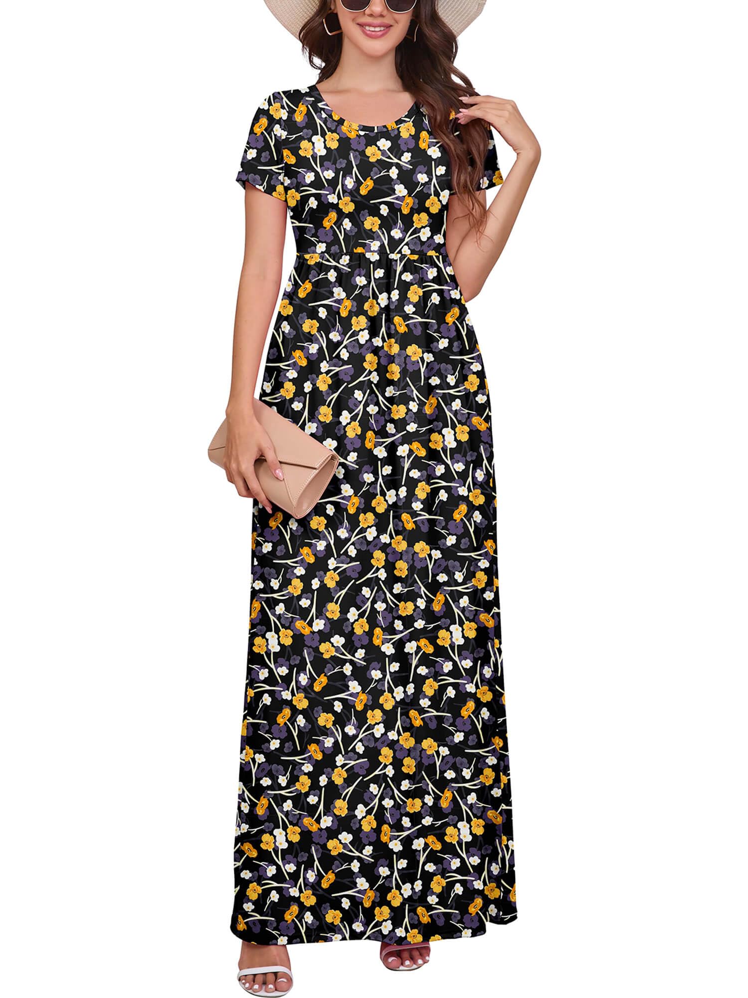 DEARCASE Maxi Dress for Women Short Sleeve Casual Summer Loose Plain Comfy Long Dresses with Pockets