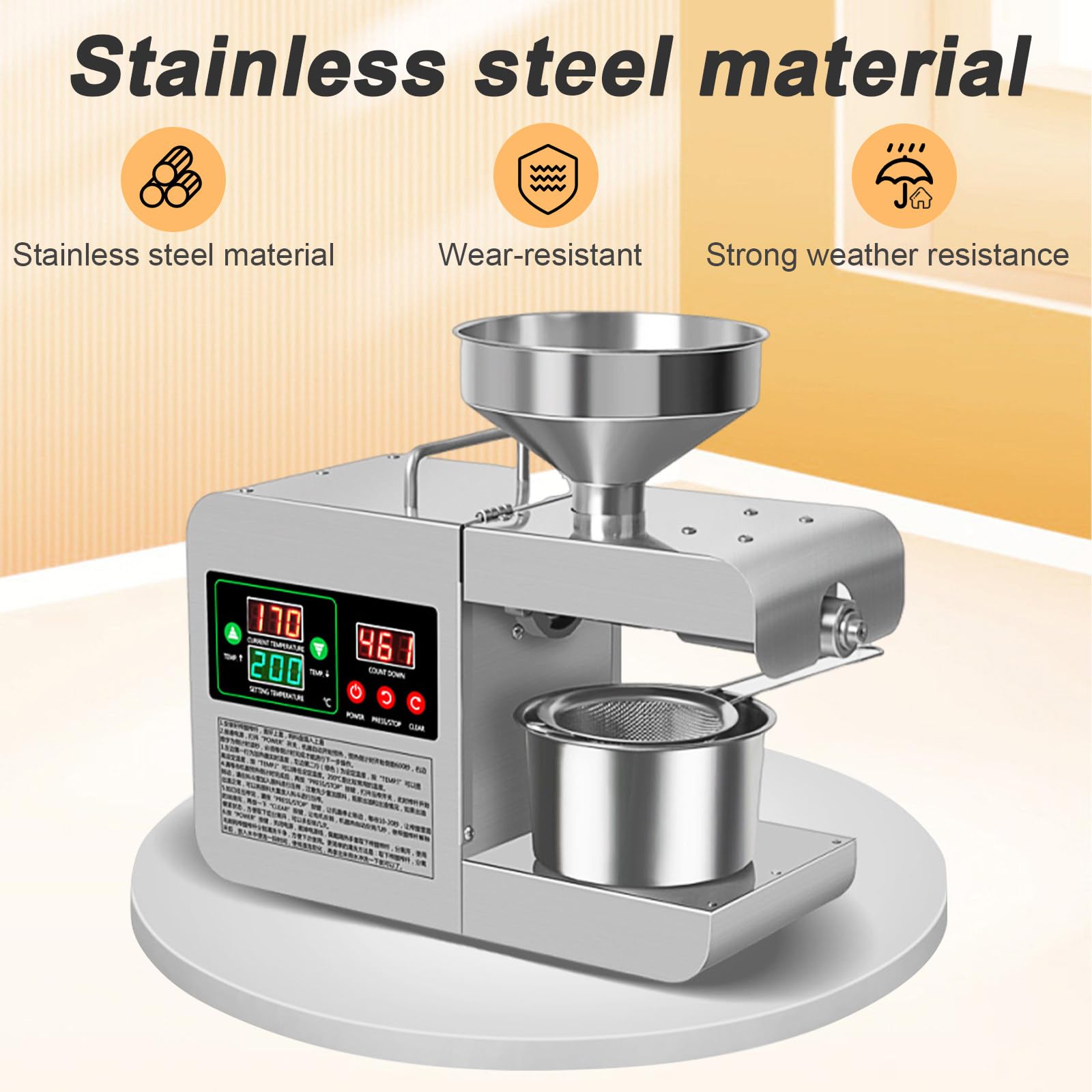 SHAHRYAR 820w Leinsamen Erdnuss Heißprsse Edelstahl Extraktor-304 Edelstahl,Förderleistung 3–6 Kg/H (6,61–13,22 Lb/H),Heiß- Und Kalt-Doppeldruckmodus-Für Erdnüsse, Sojabohnen