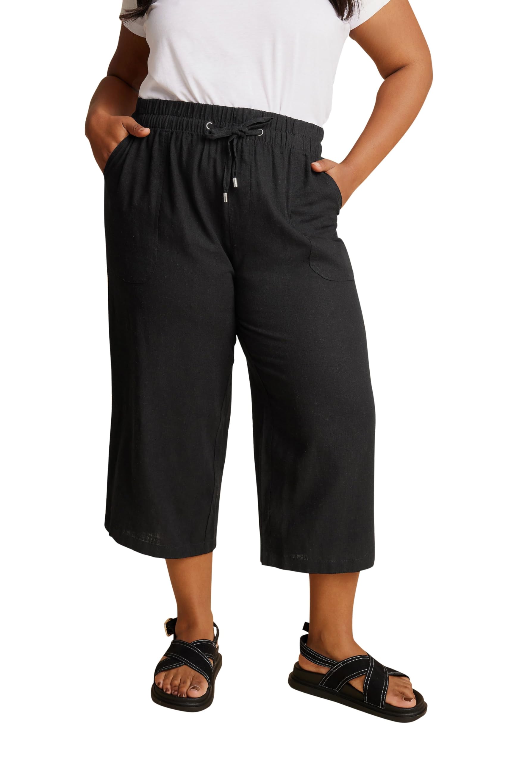Yours Women's Black Curve Linen Cropped Trousers - - Plus Curve 16 Plus