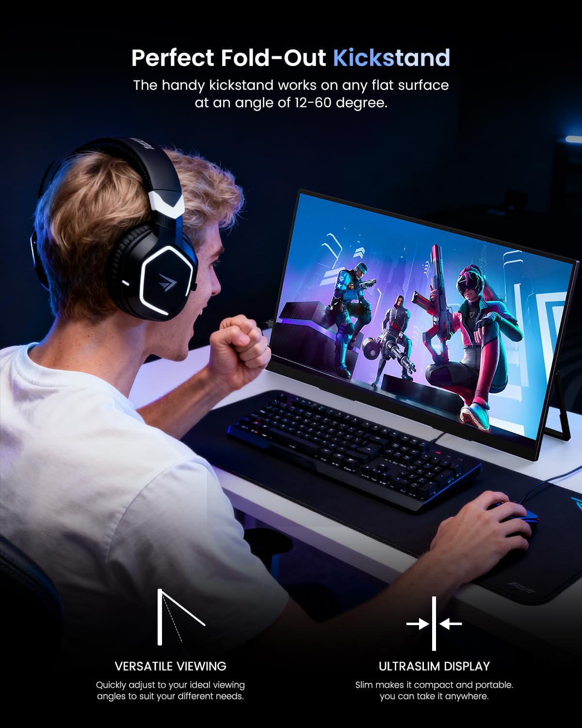 UPERFECT Przenośny monitor 4K 144Hz QLED, 19" UHD 3840×2160, 500 nitów, 2000:1, 100% DCI-P3, 0,1 ms, wbudowany stojak i uchwyt VESA, podróżny monitor do gier na laptopa, PC i konsol do gier - UColor