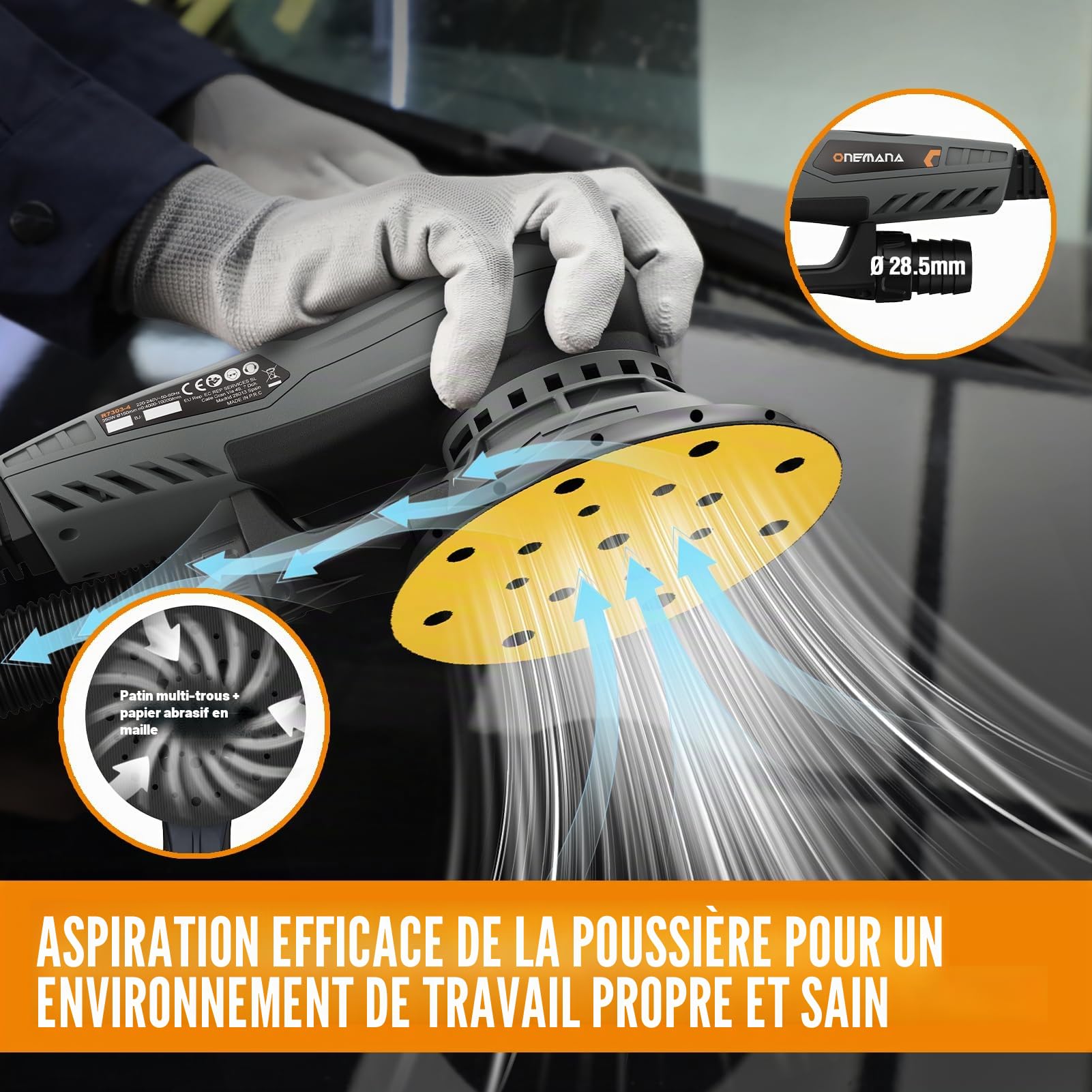 Ponceuse excentrique ONEMANA 150 mm, sans balais, course excentrique 5,0 mm, 350 W, réglage 6 vitesses (4000-10000 tr/min), aspiration de poussière, disque abrasif 150 mm inclus